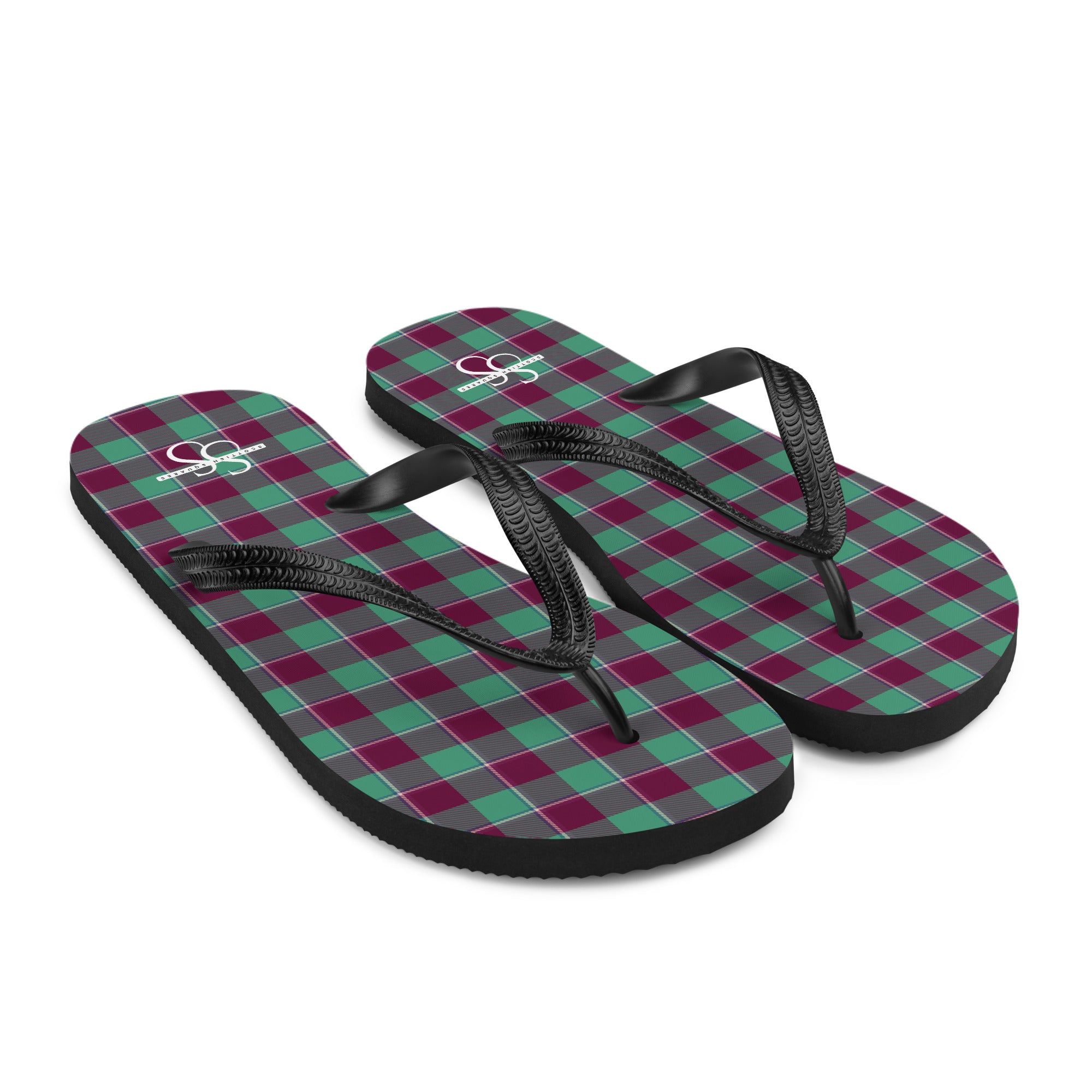 Ocean Green and Mulberry Wood Plaid Flip Flops - Scottish Squares