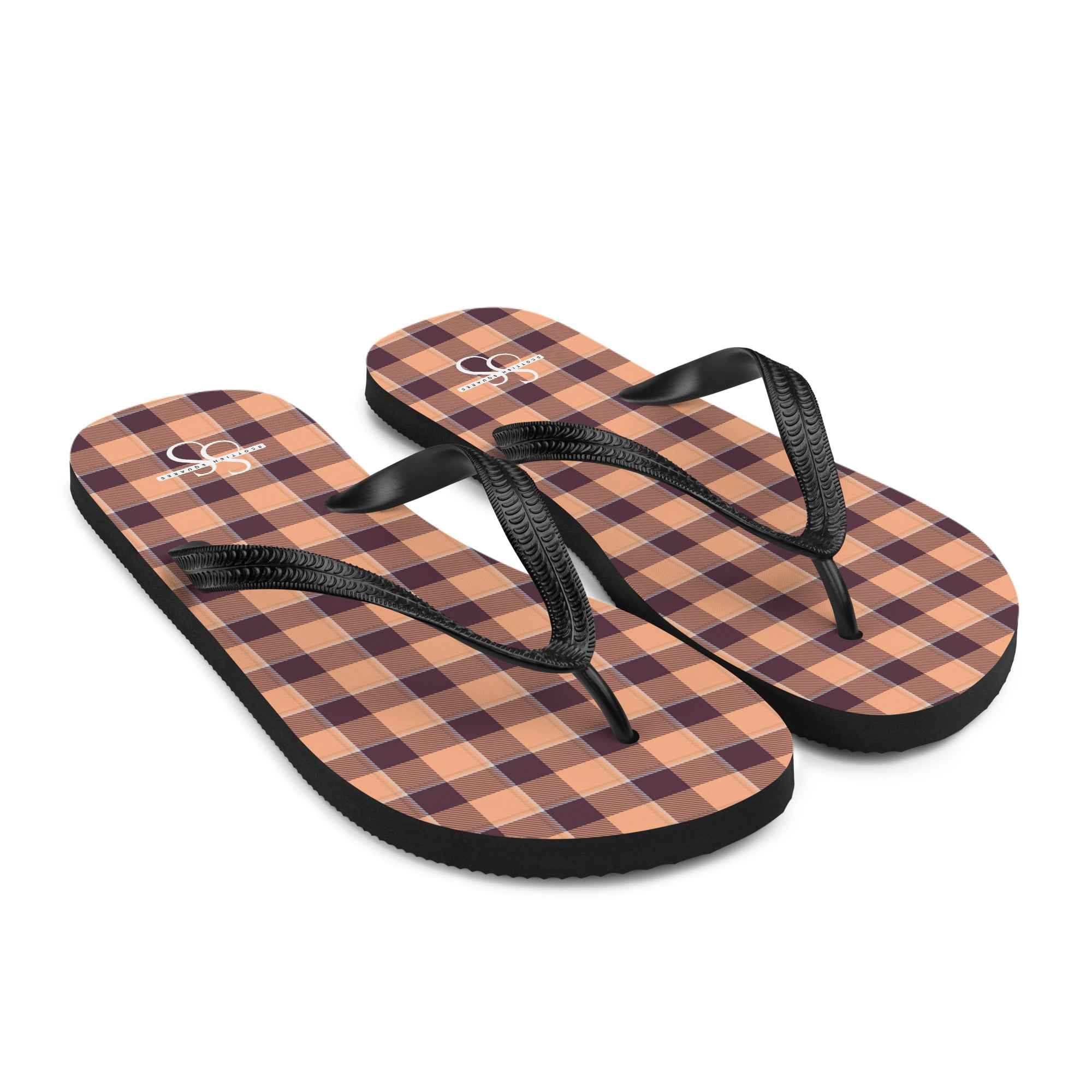 Hit Pink and Livid Brown Plaid Flip Flops - Scottish Squares