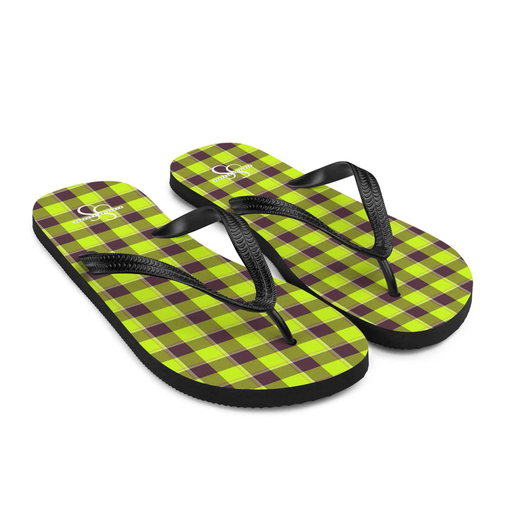 Electric Lime and Livid Brown Plaid Flip Flops - Scottish Squares