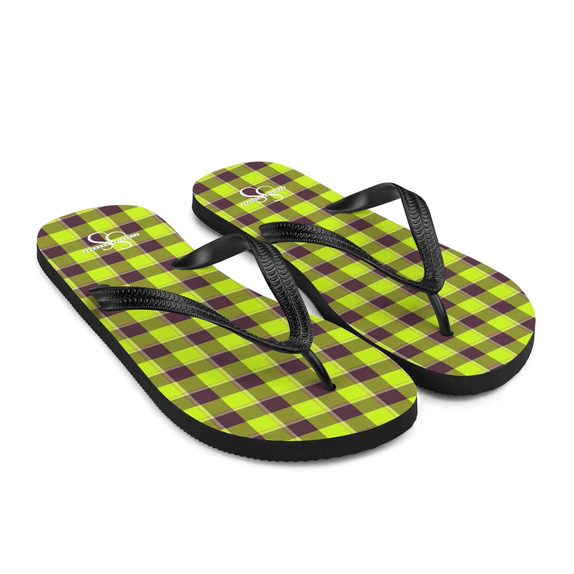 Electric Lime and Livid Brown Plaid Flip Flops - Scottish Squares