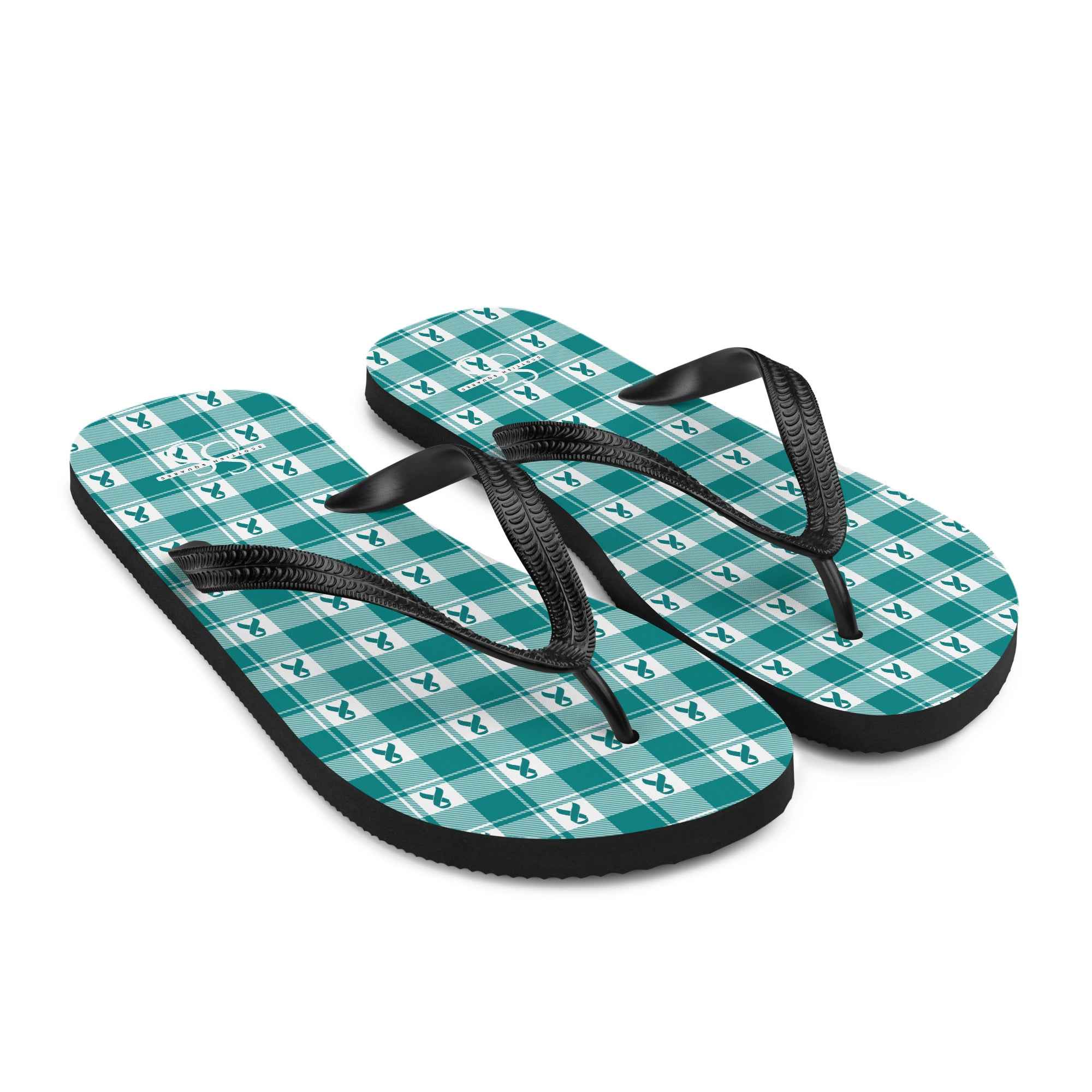 Flip Flops Cervical Cancer Awareness Plaid, Teal Ribbon, Supportive Gift - Scottish Squares
