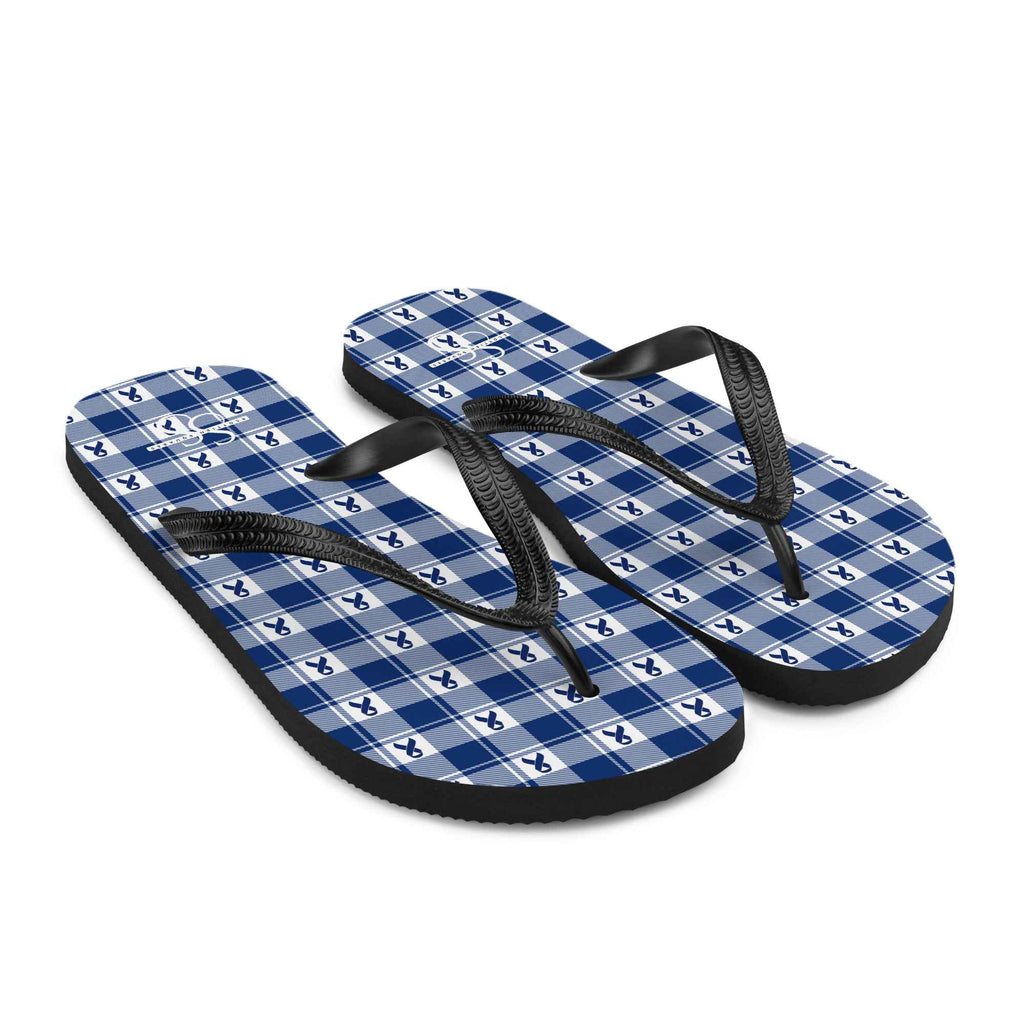 Flip Flops Colorectal Cancer Awareness Plaid, Dark Blue Ribbon, Supportive Gift - Scottish Squares