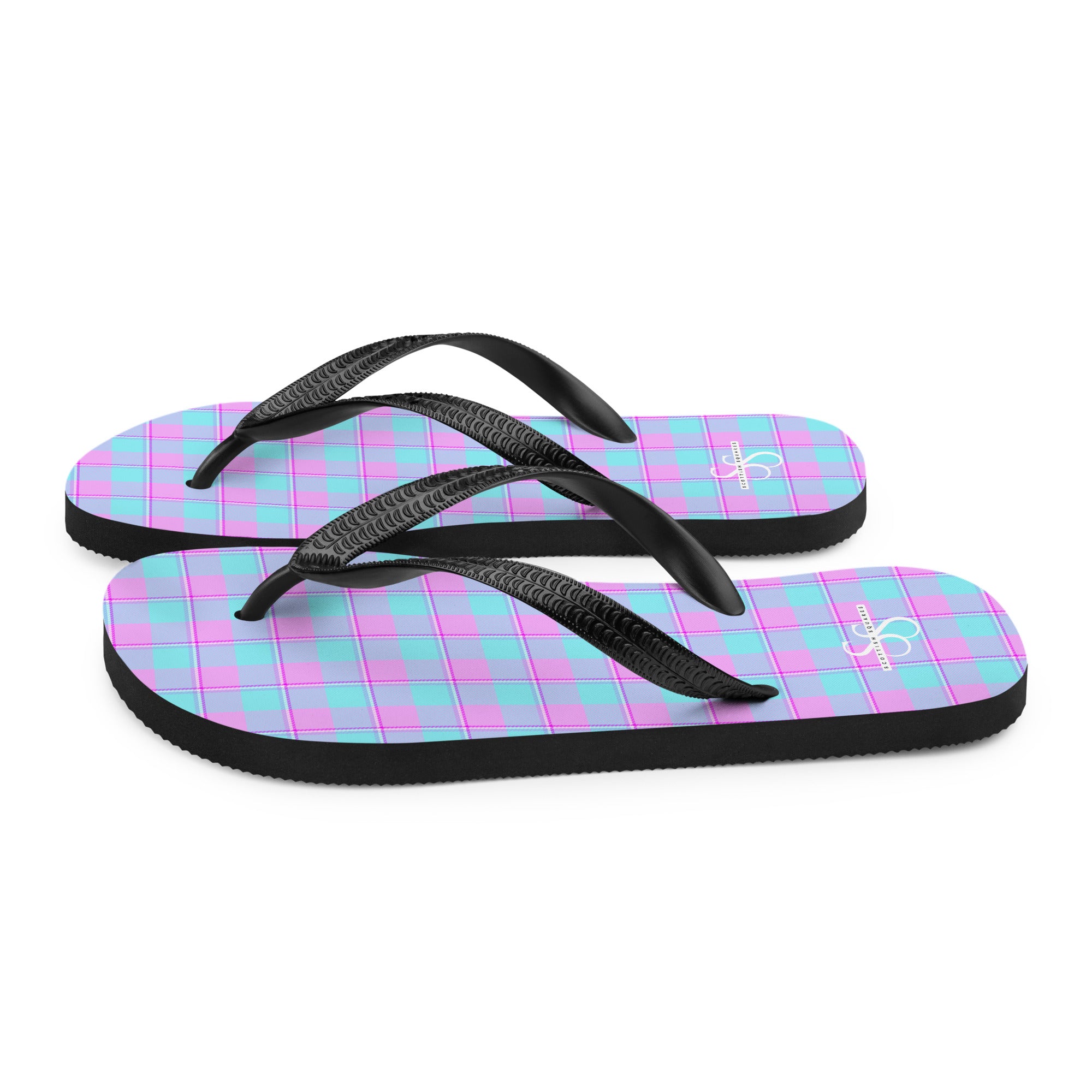 Mauve and Coastal Mist Plaid Flip Flops - Scottish Squares
