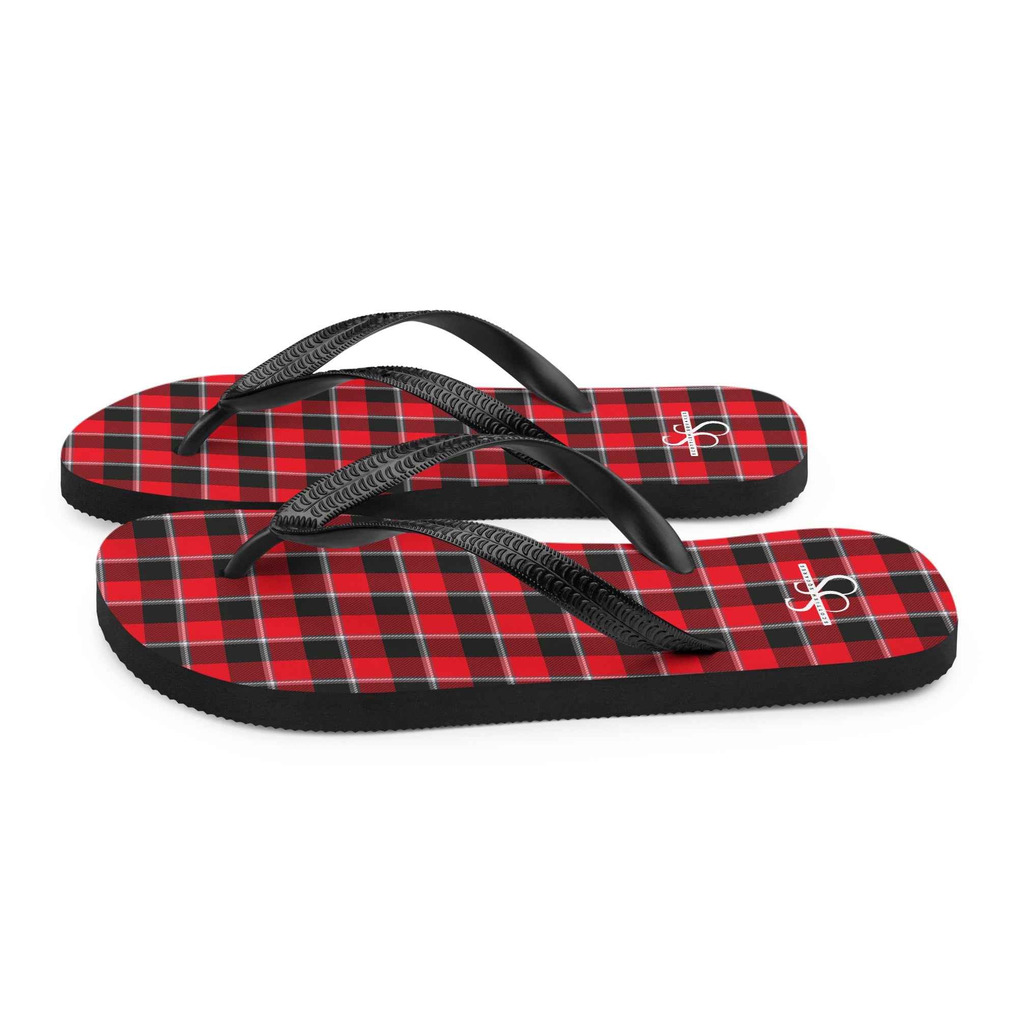 Red Ribbon and Heavy Metal Plaid Flip Flops - Scottish Squares