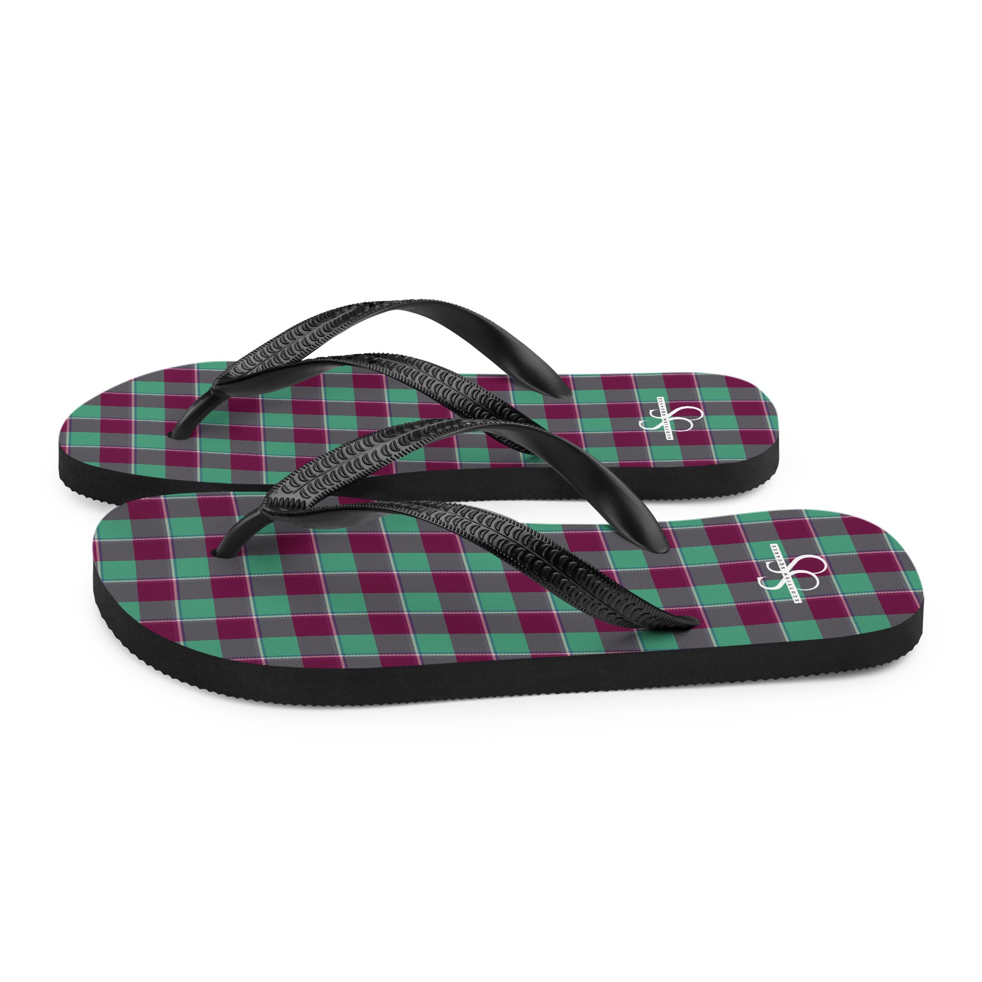 Ocean Green and Mulberry Wood Plaid Flip Flops - Scottish Squares