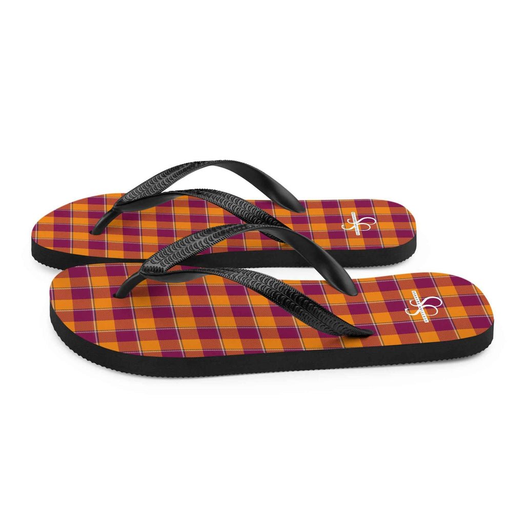 Tahiti Gold and Rose Bud Cherry Plaid Flip Flops - Scottish Squares