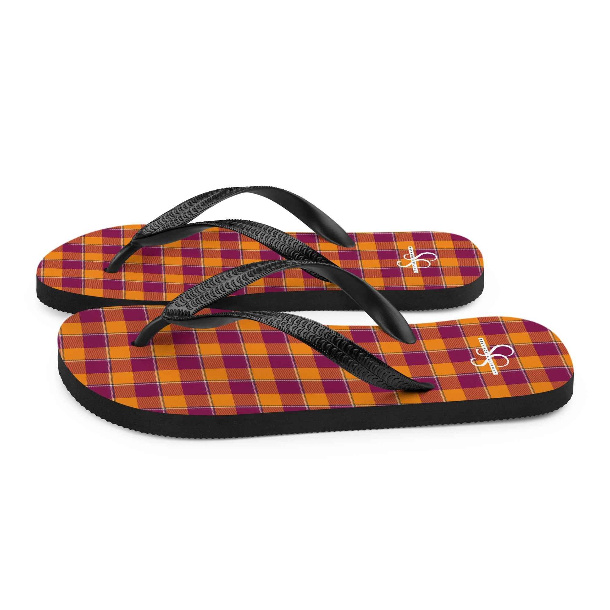 Tahiti Gold and Rose Bud Cherry Plaid Flip Flops - Scottish Squares