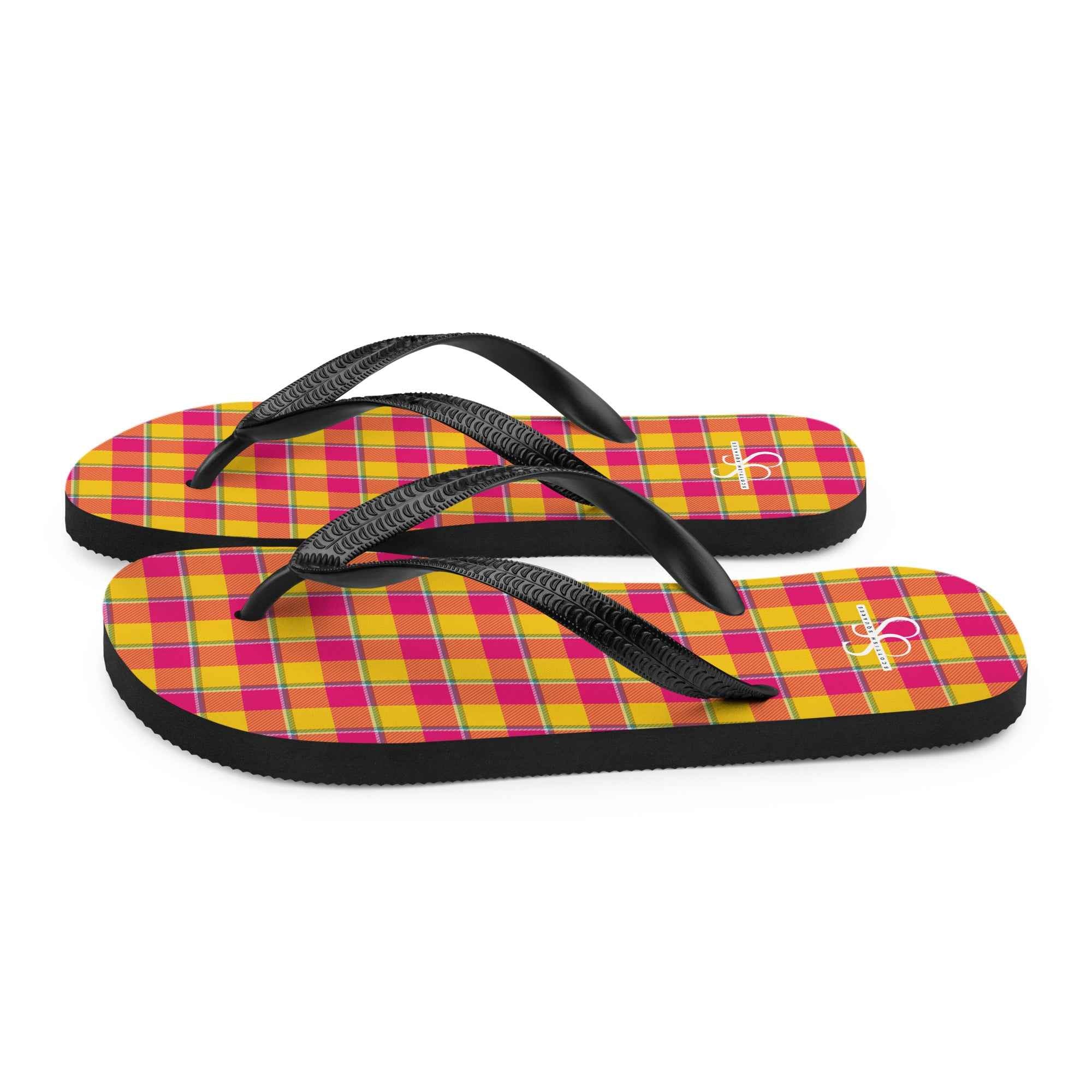 Corn and Razzmatazz Plaid Flip Flops - Scottish Squares