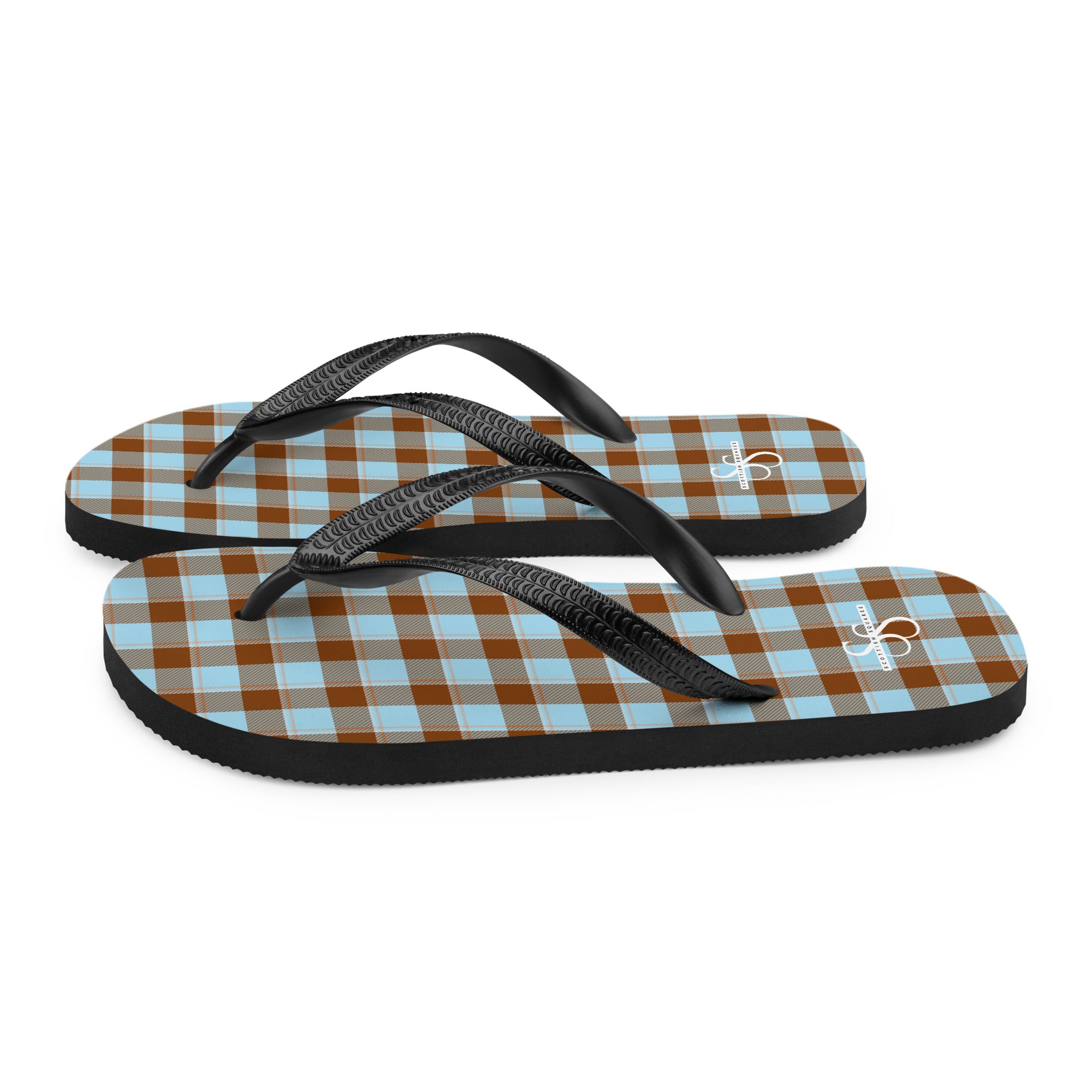 Blizzard Blue and Livid Brown Plaid Flip Flops - Scottish Squares