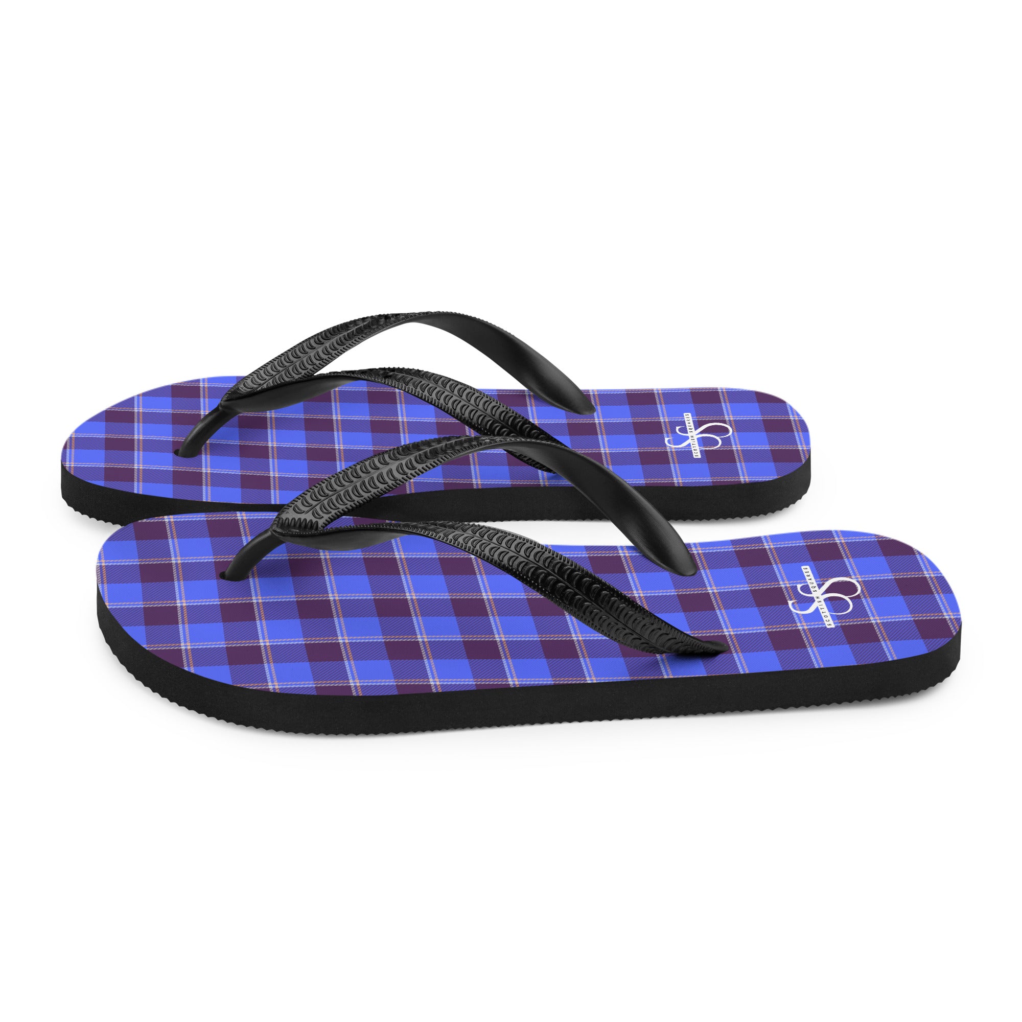 Cornflower Blue and Livid Brown Plaid Flip Flops - Scottish Squares