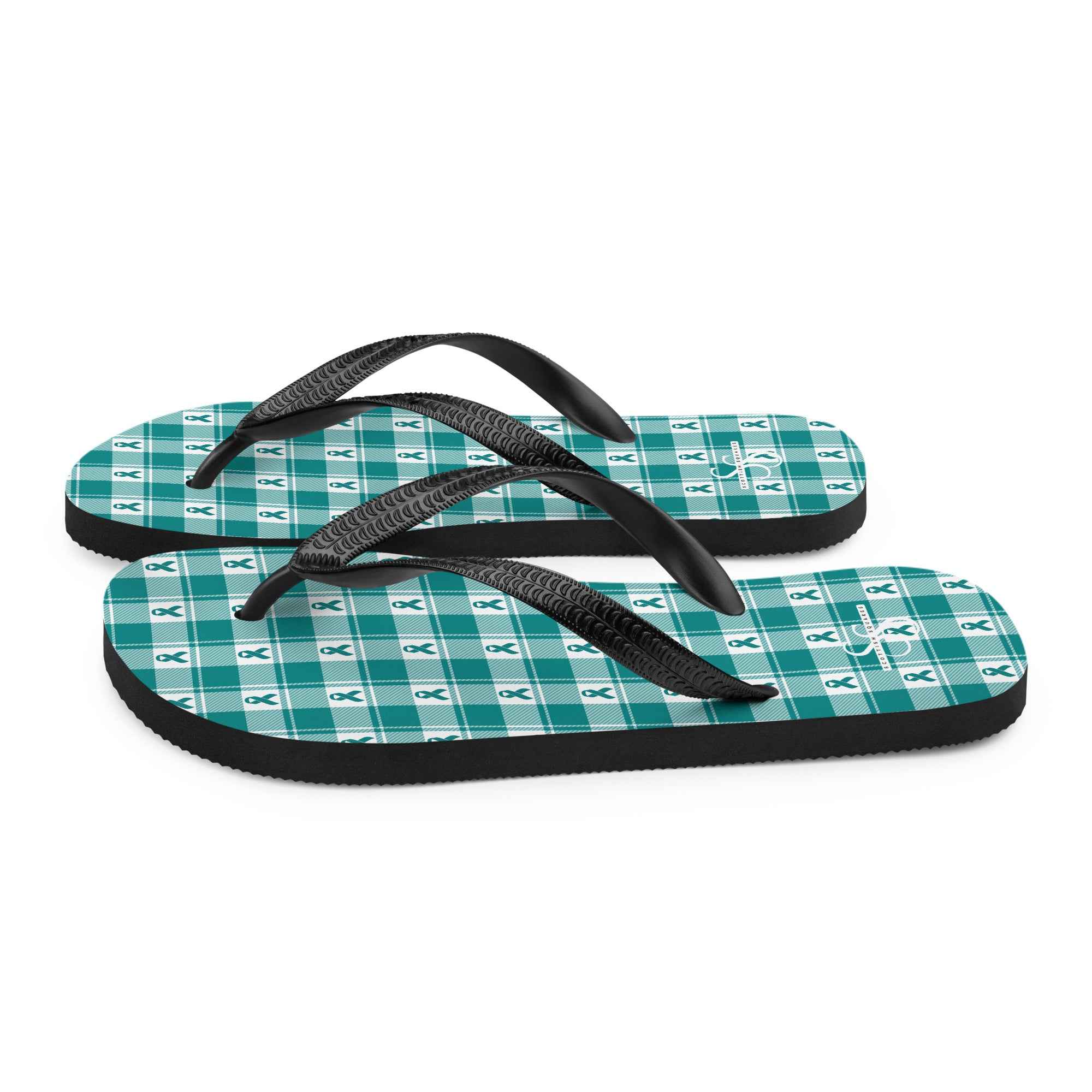 Flip Flops Cervical Cancer Awareness Plaid, Teal Ribbon, Supportive Gift - Scottish Squares