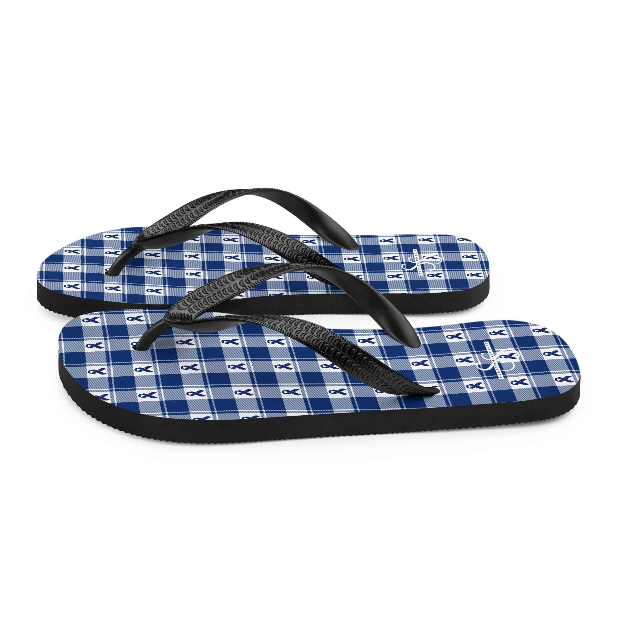 Flip Flops Colorectal Cancer Awareness Plaid, Dark Blue Ribbon, Supportive Gift - Scottish Squares