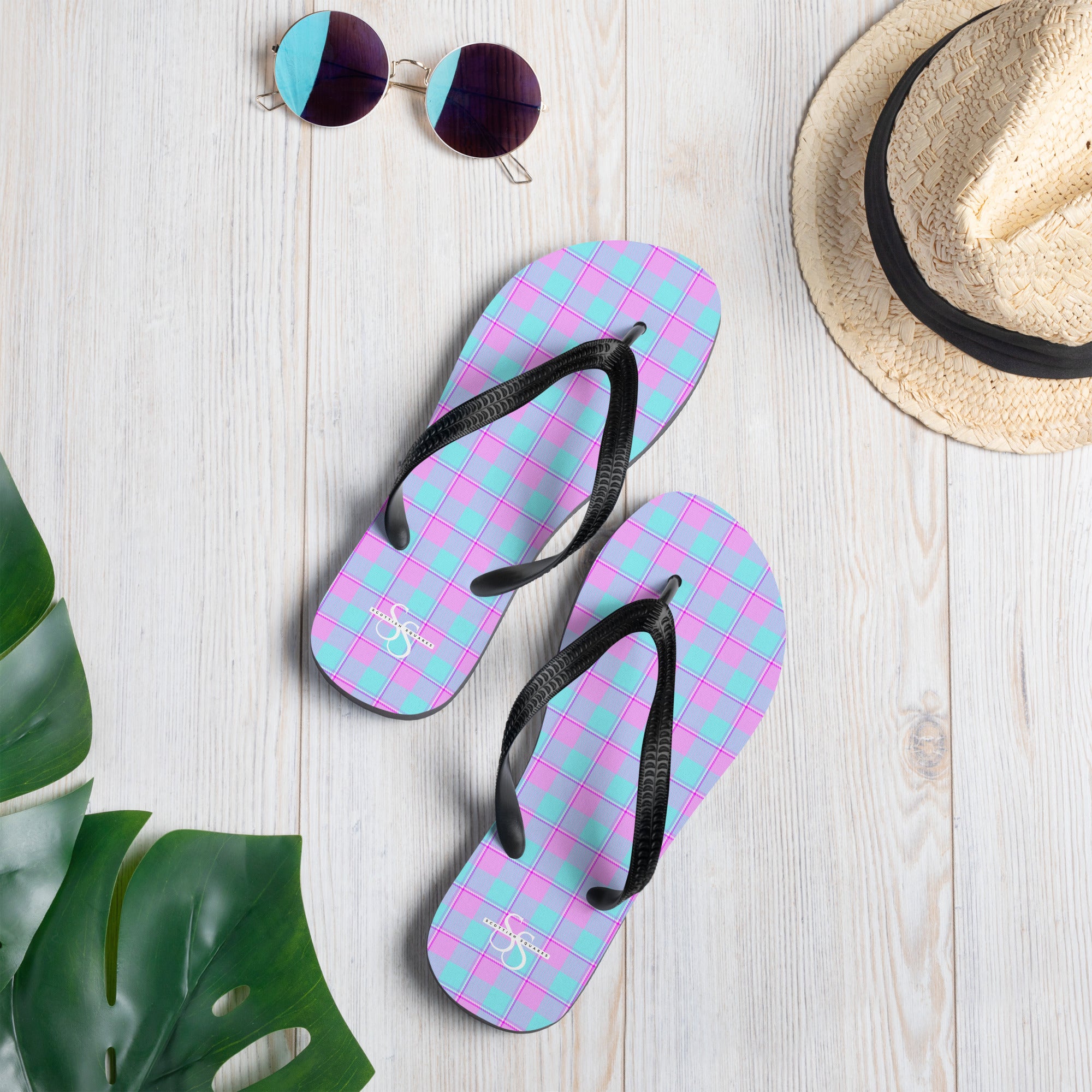 Mauve and Coastal Mist Plaid Flip Flops - Scottish Squares