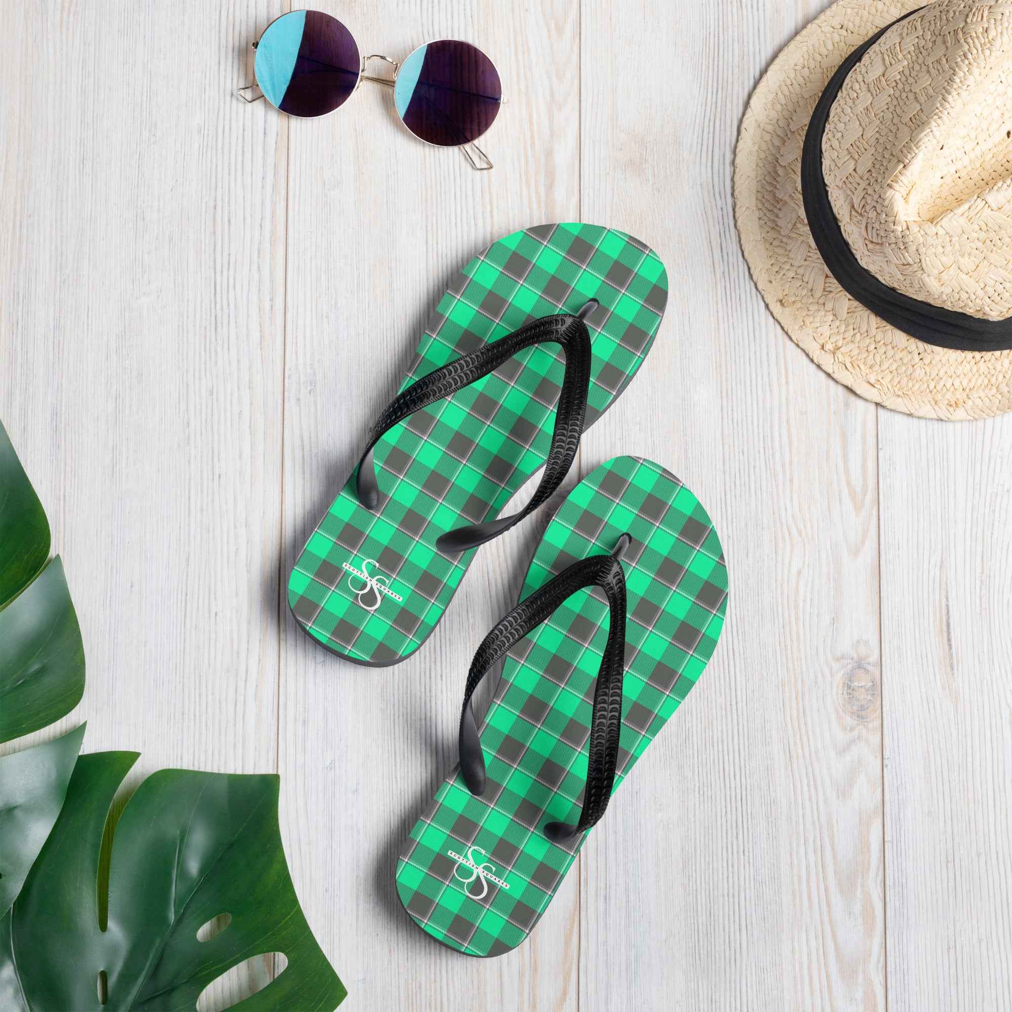 Spring Green and Finlandia Plaid Flip Flops - Scottish Squares