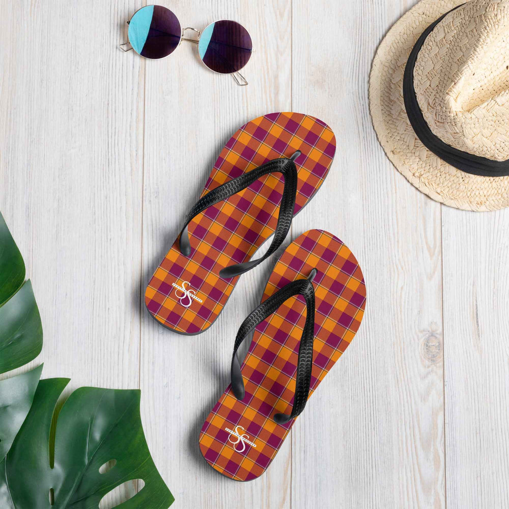Tahiti Gold and Rose Bud Cherry Plaid Flip Flops - Scottish Squares