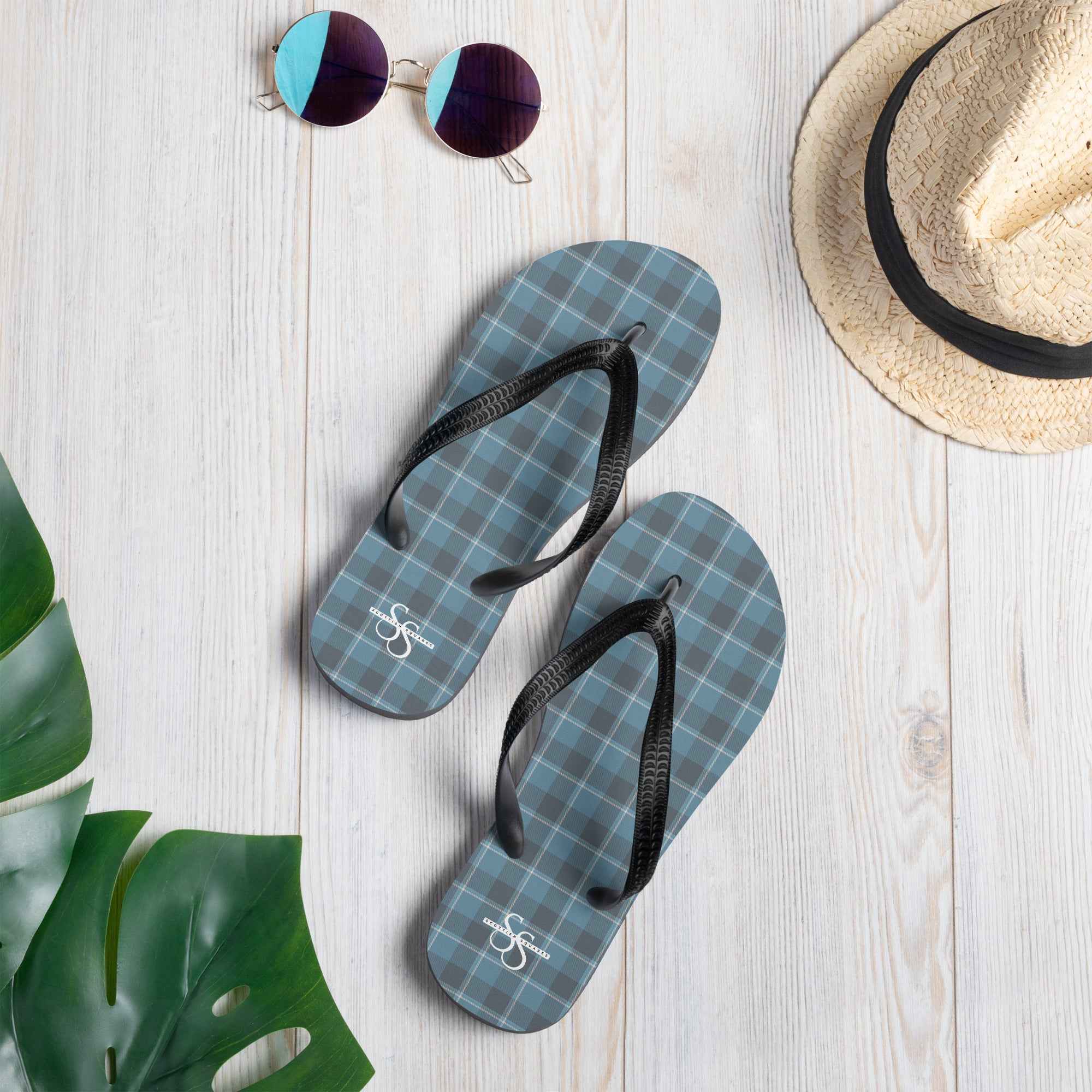 Hoki and Shuttle Gray Plaid Flip Flops - Scottish Squares