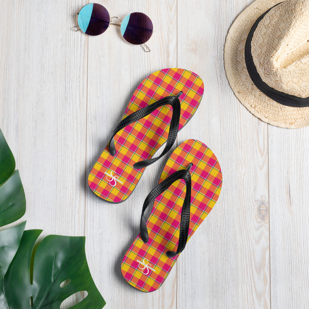 Corn and Razzmatazz Plaid Flip Flops - Scottish Squares