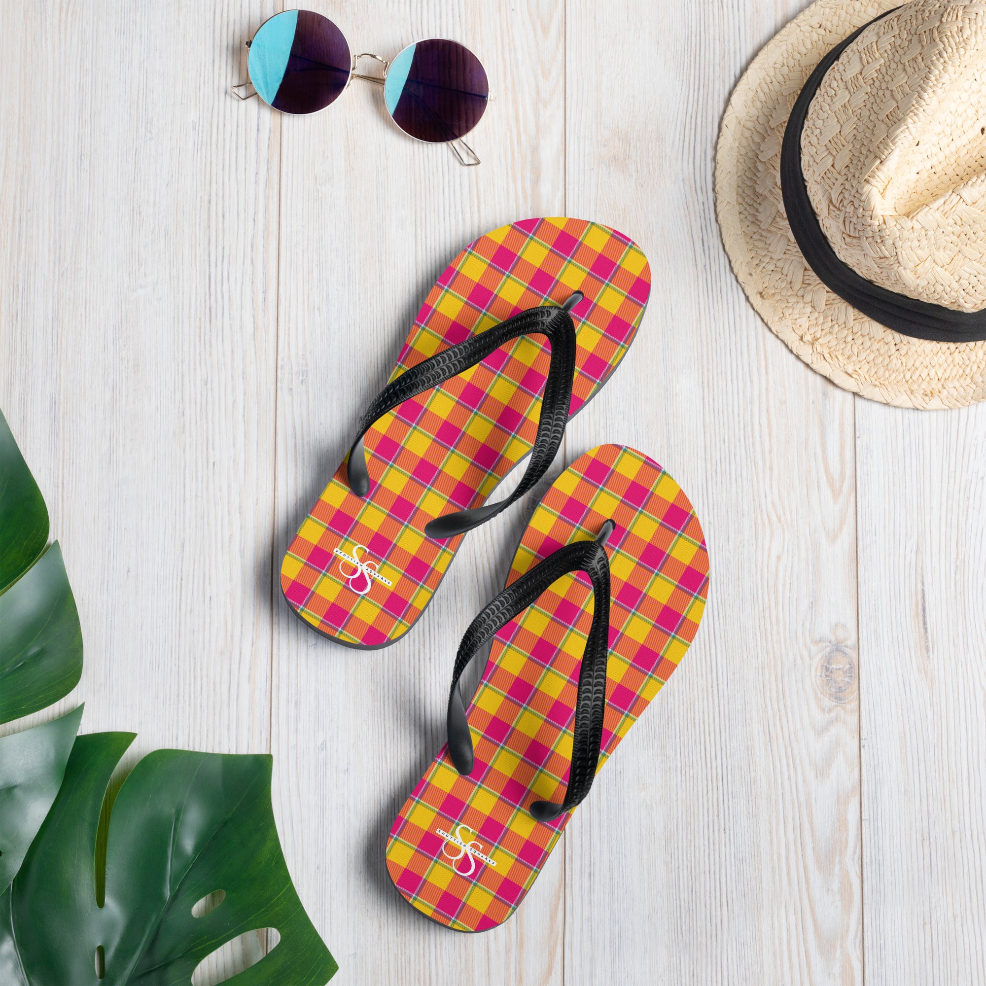 Corn and Razzmatazz Plaid Flip Flops - Scottish Squares