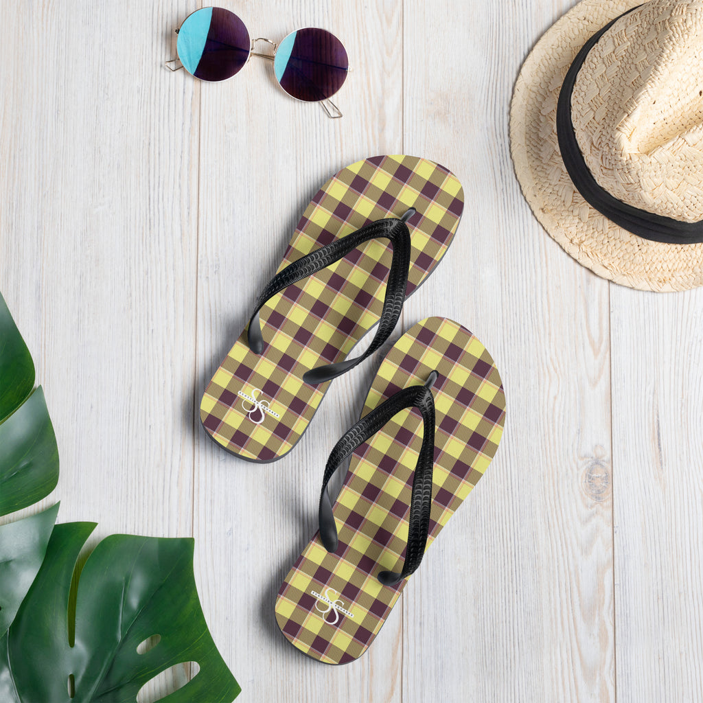 Flax and Livid Brown Plaid Flip Flops - Scottish Squares