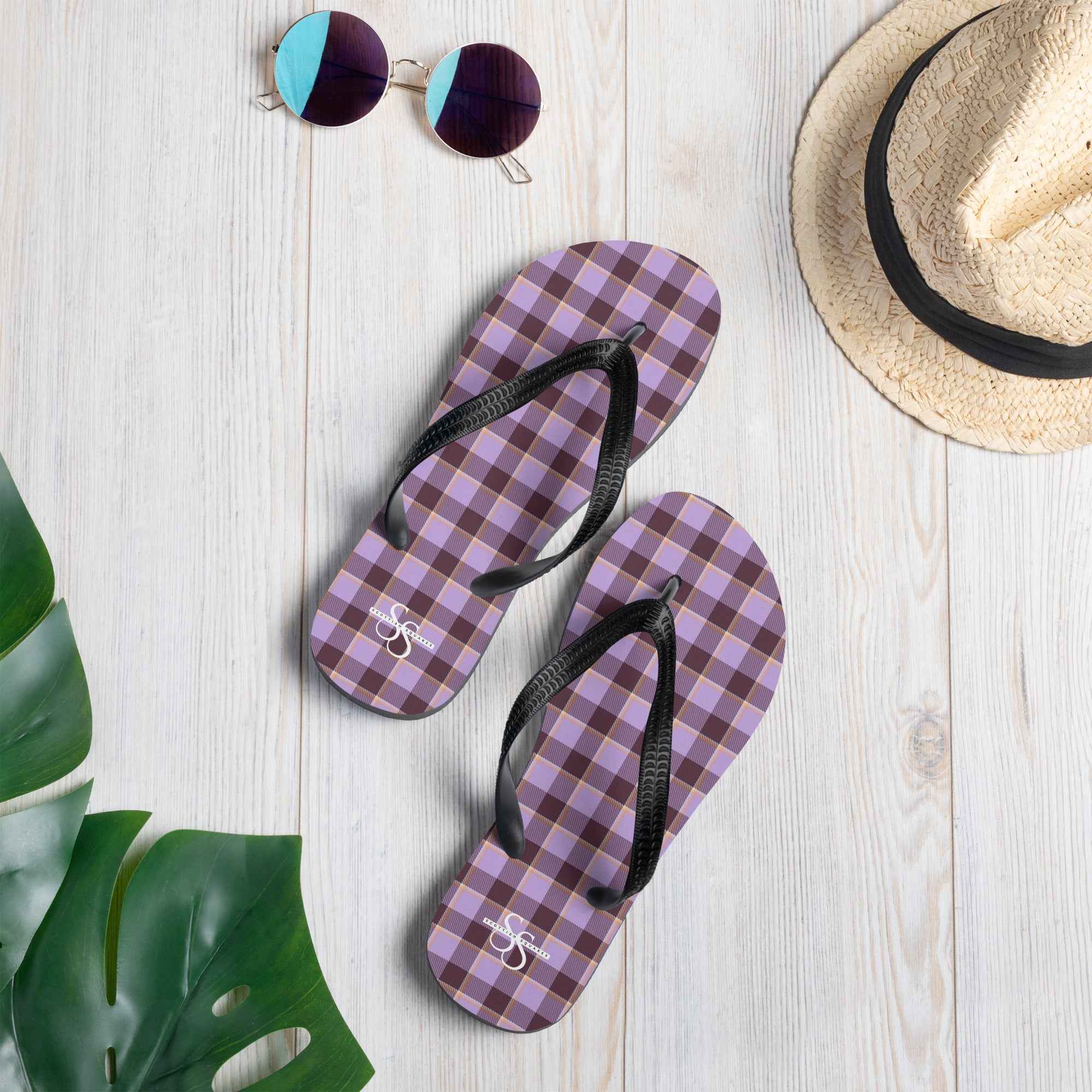 Light Wisteria and Livid Brown Plaid Flip Flops - Scottish Squares