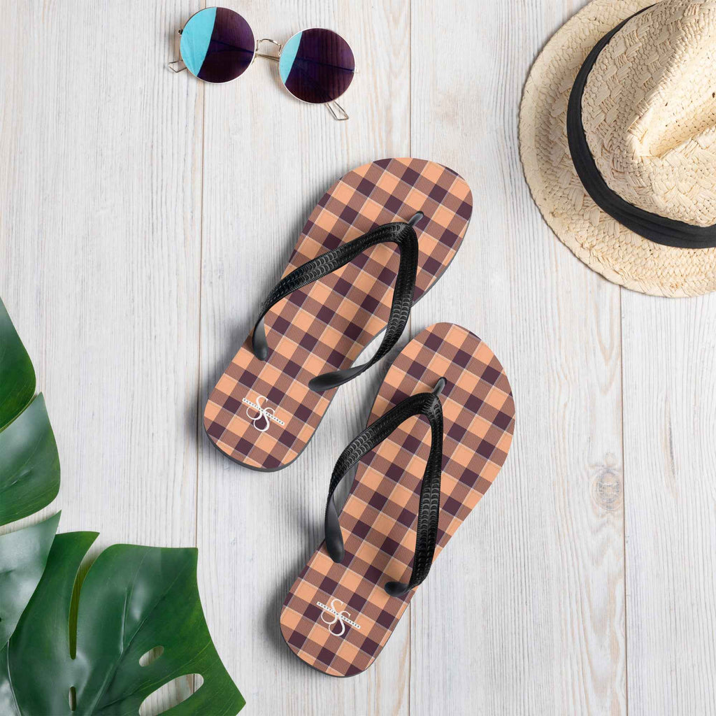 Hit Pink and Livid Brown Plaid Flip Flops - Scottish Squares