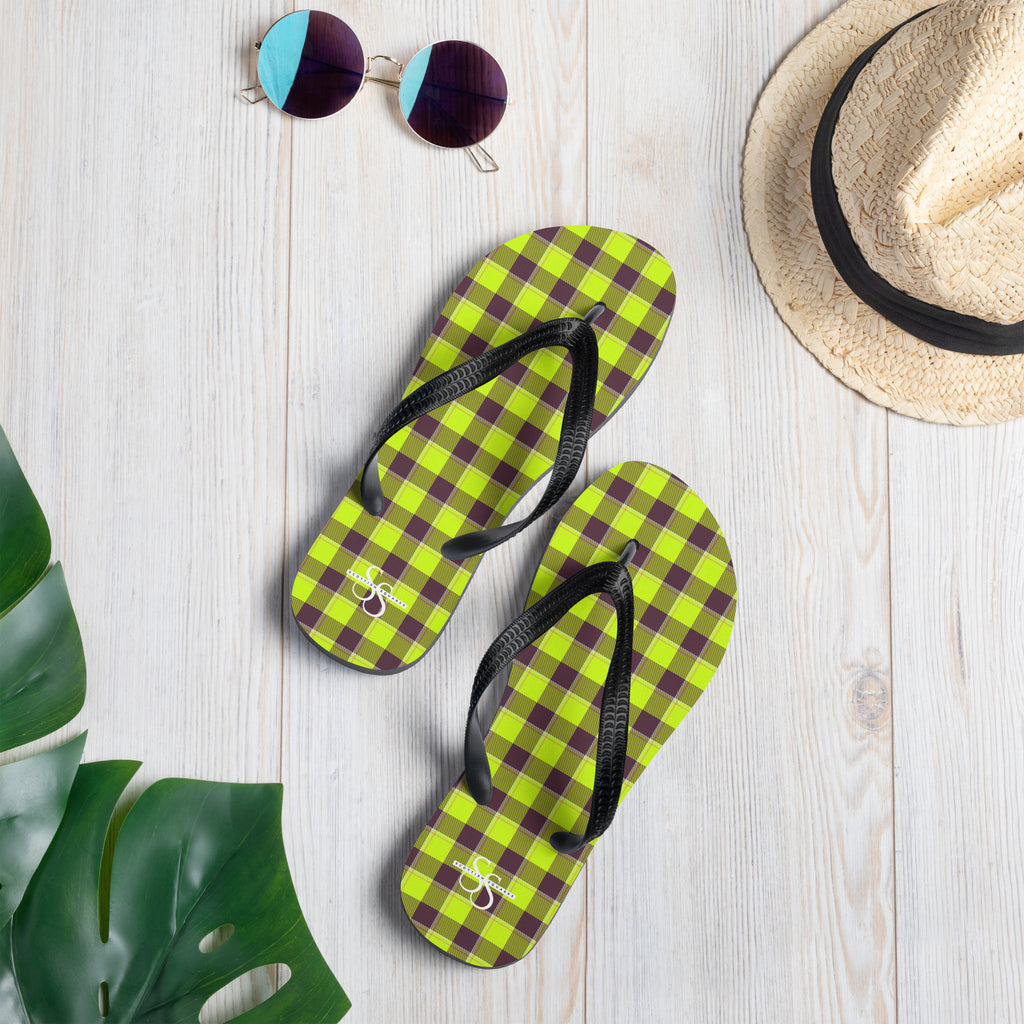 Electric Lime and Livid Brown Plaid Flip Flops - Scottish Squares