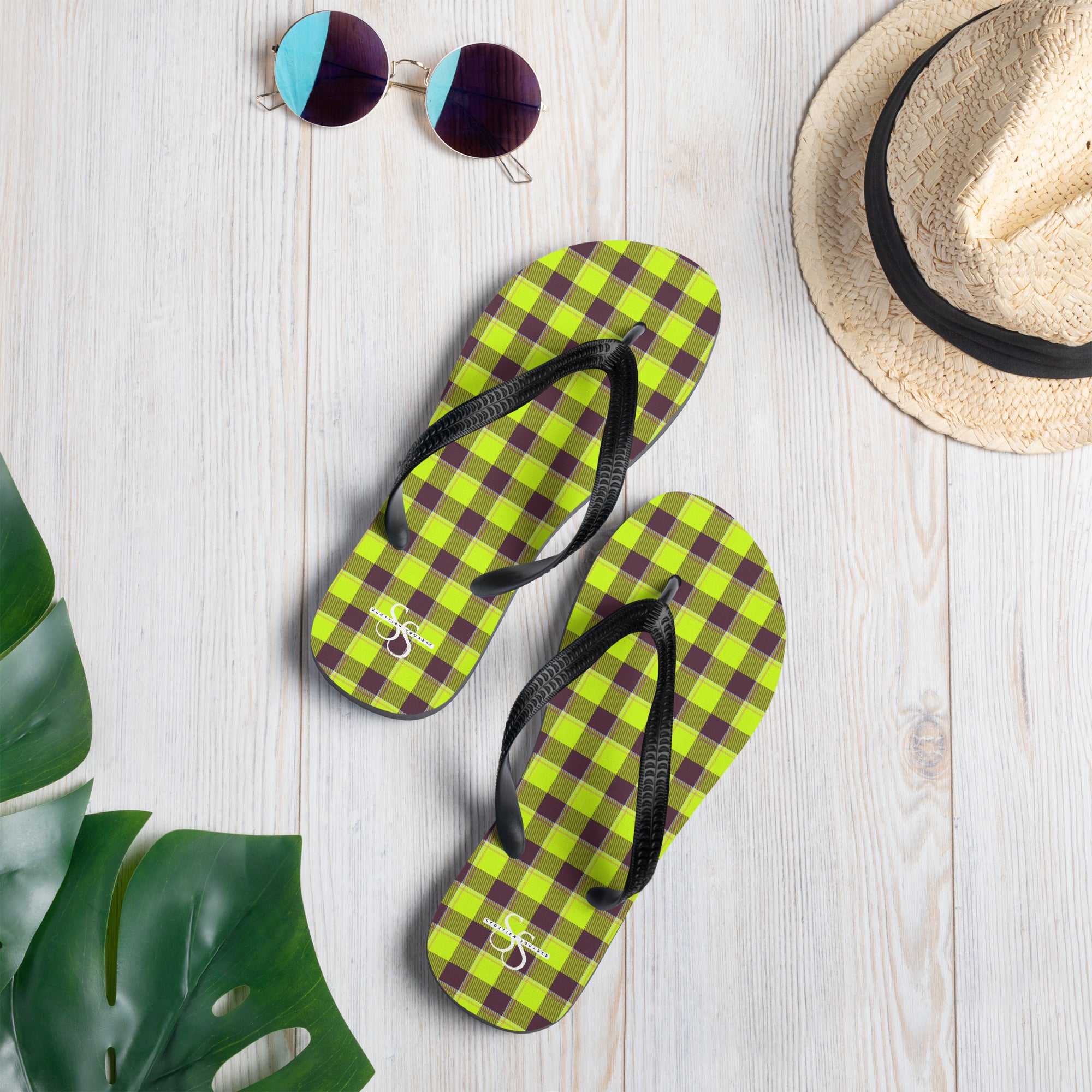 Electric Lime and Livid Brown Plaid Flip Flops - Scottish Squares