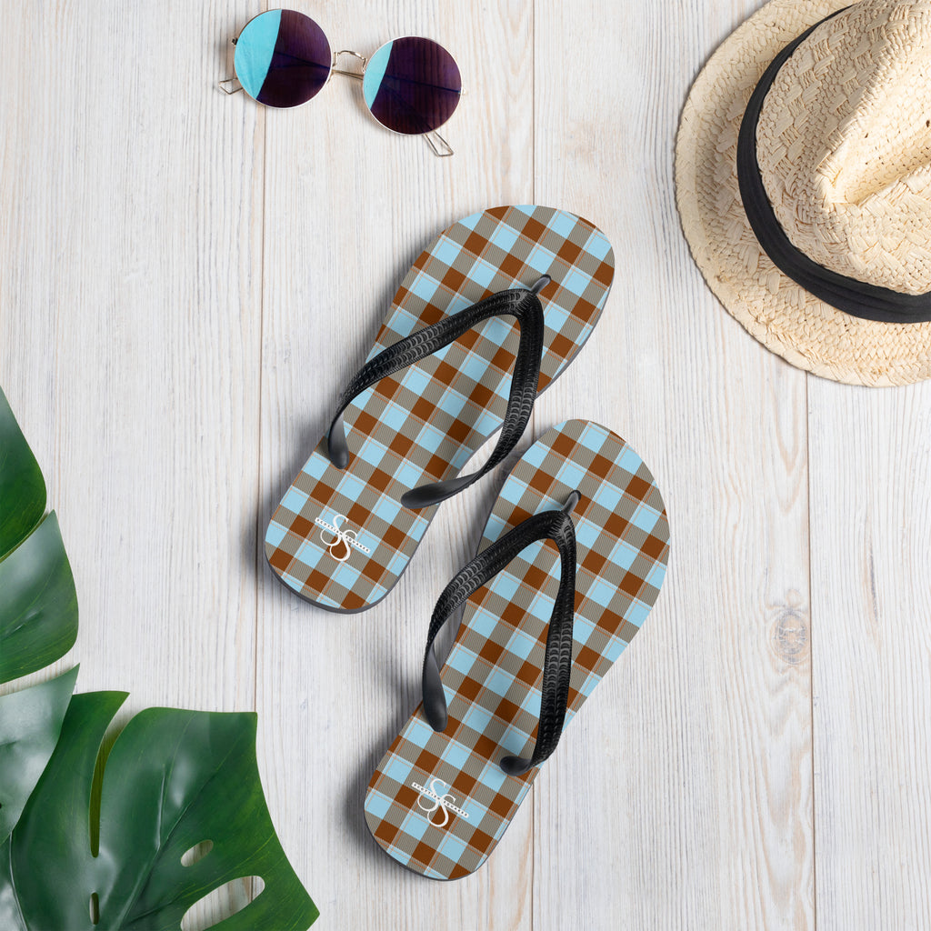 Blizzard Blue and Livid Brown Plaid Flip Flops - Scottish Squares