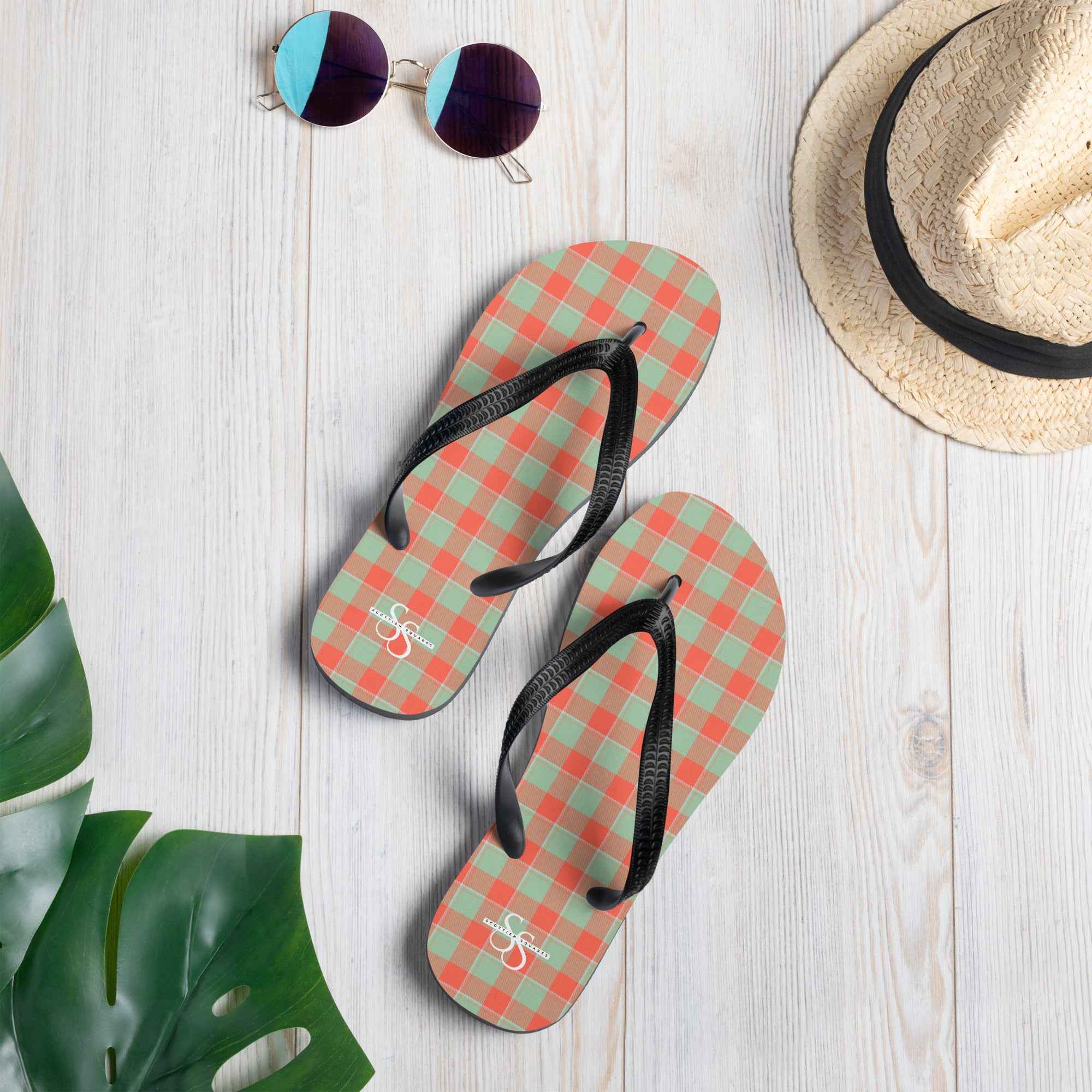 Spring Rain and Persimmon Plaid Flip Flops - Scottish Squares