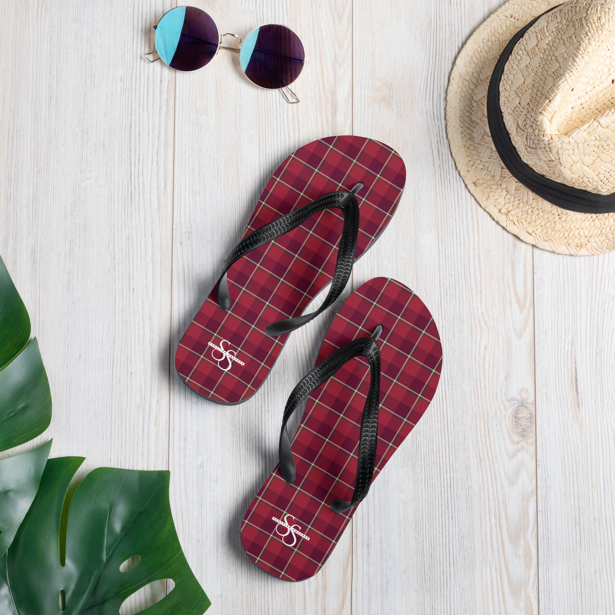 Old Brick and Cab Sav Plaid Flip Flops - Scottish Squares