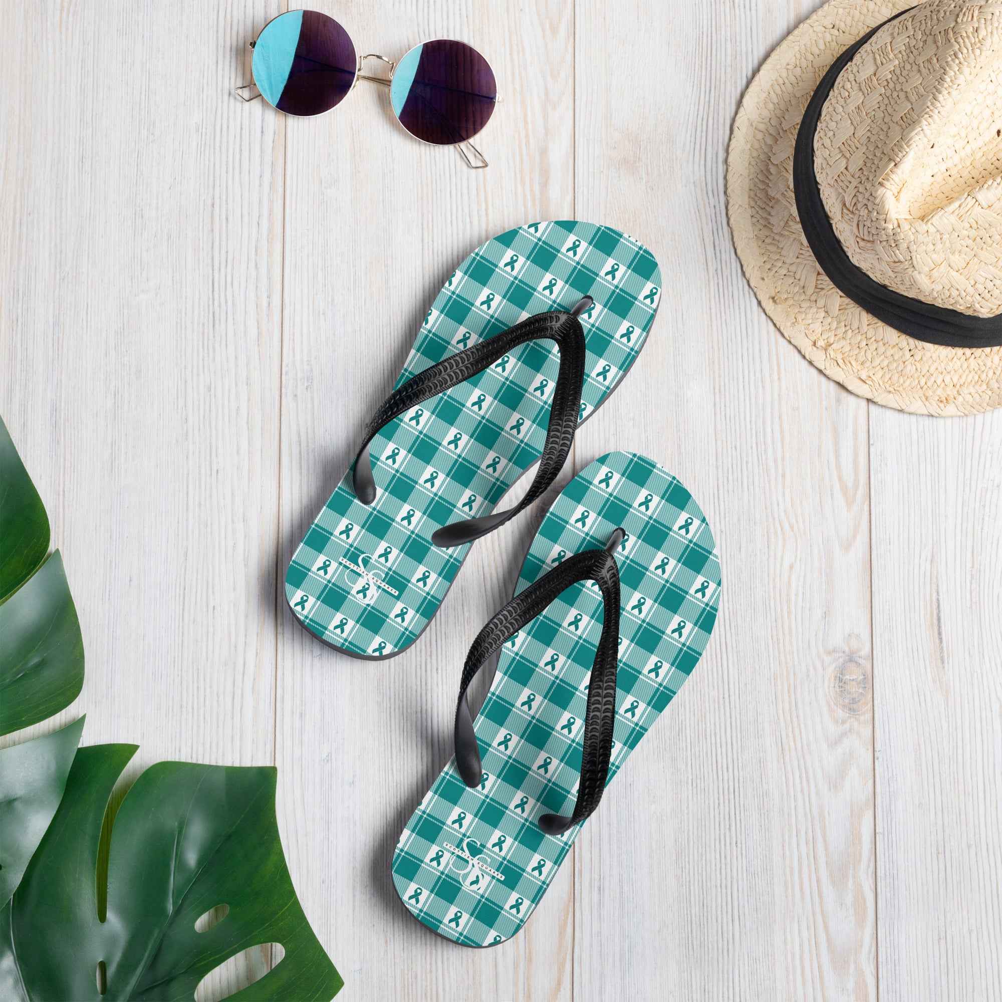 Flip Flops Cervical Cancer Awareness Plaid, Teal Ribbon, Supportive Gift - Scottish Squares