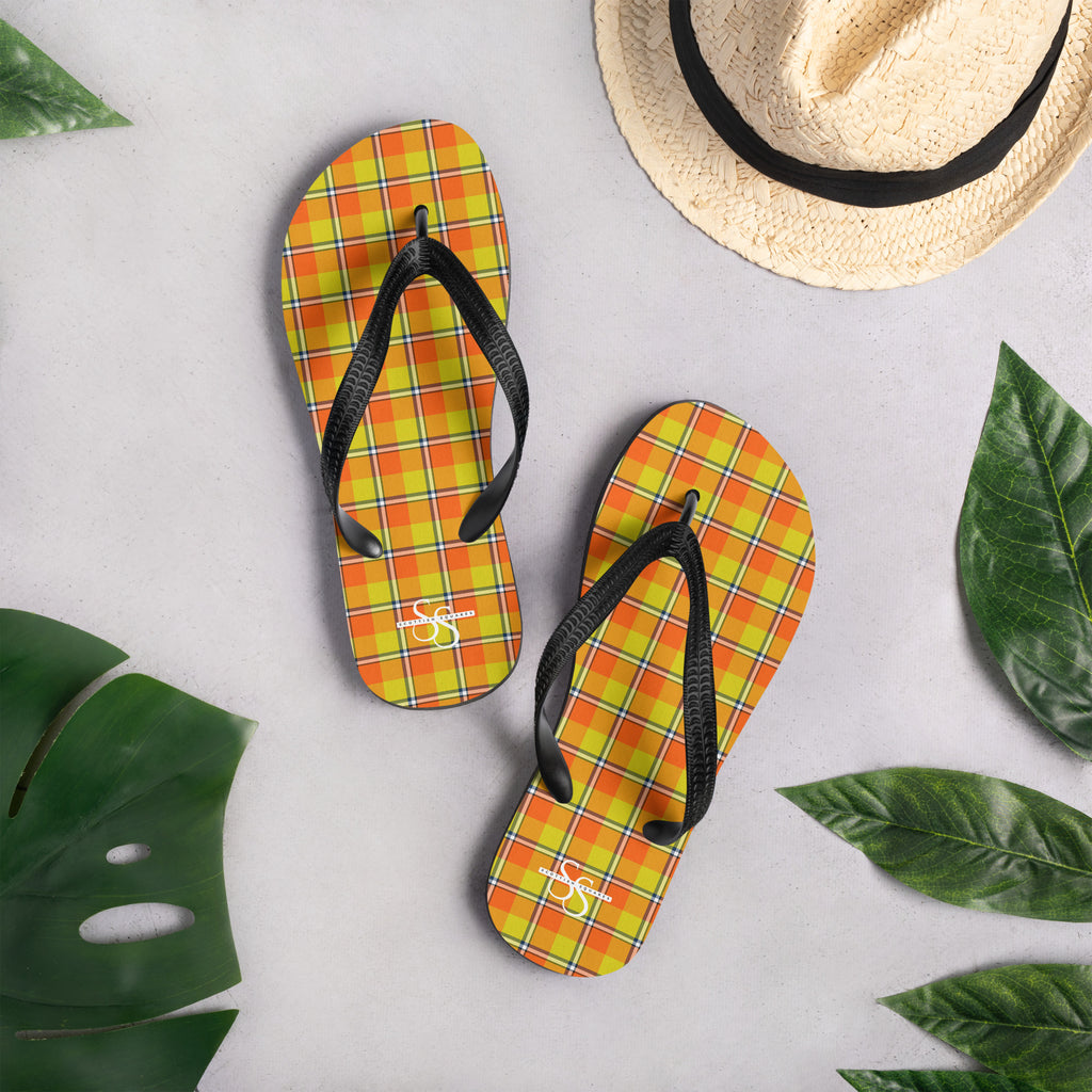 Blaze Orange and Bird Flower Plaid Flip Flops - Scottish Squares