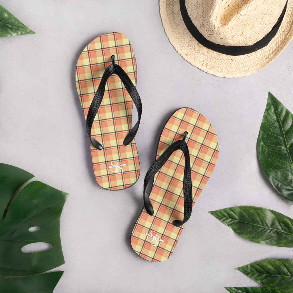 Claystone and Morning Mist Plaid Flip Flops - Scottish Squares