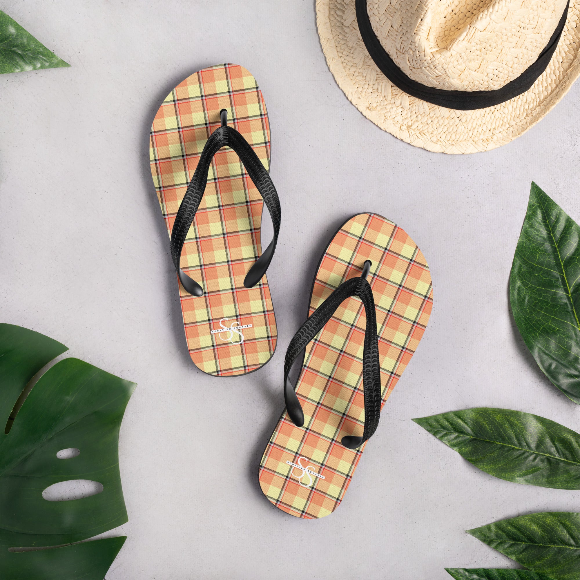 Claystone and Morning Mist Plaid Flip Flops - Scottish Squares