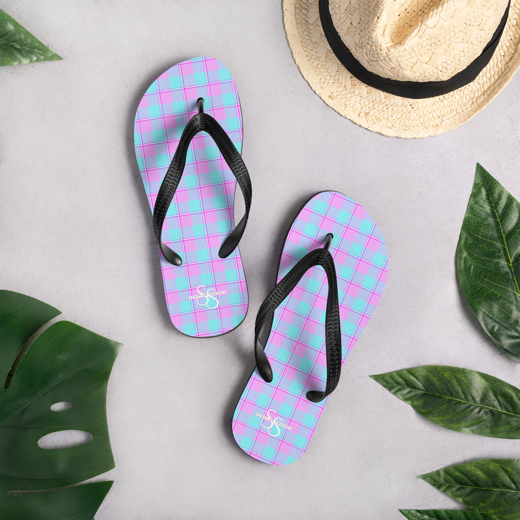 Mauve and Coastal Mist Plaid Flip Flops - Scottish Squares