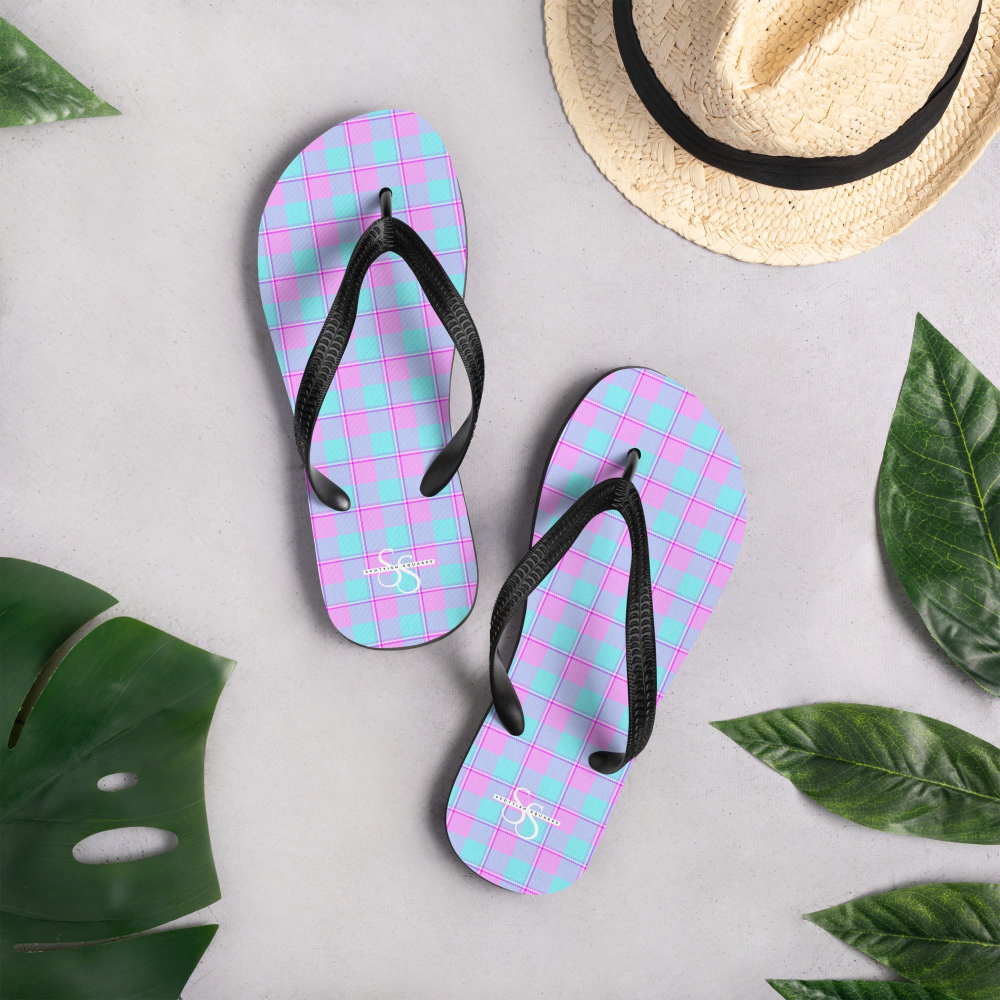 Mauve and Coastal Mist Plaid Flip Flops - Scottish Squares