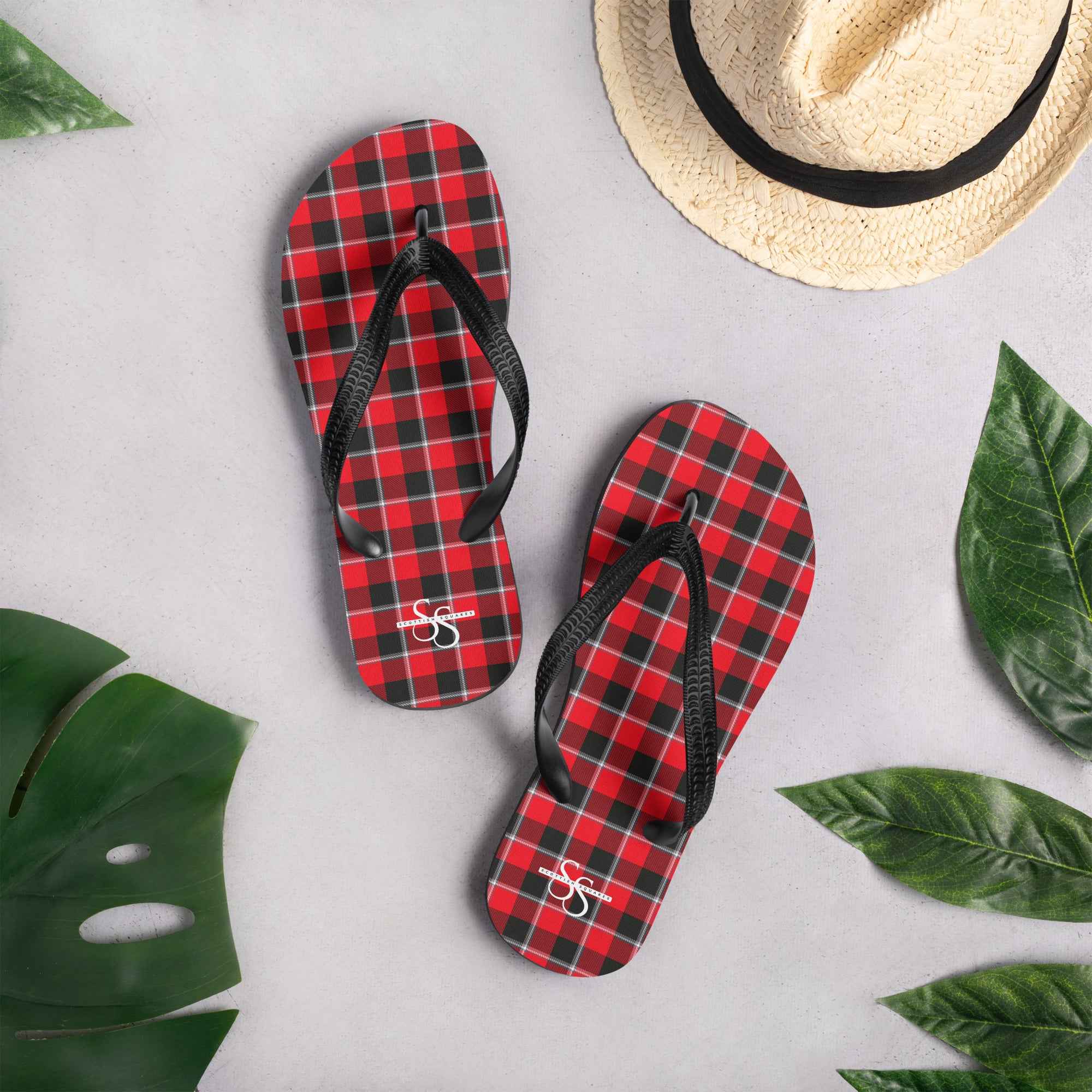 Red Ribbon and Heavy Metal Plaid Flip Flops - Scottish Squares