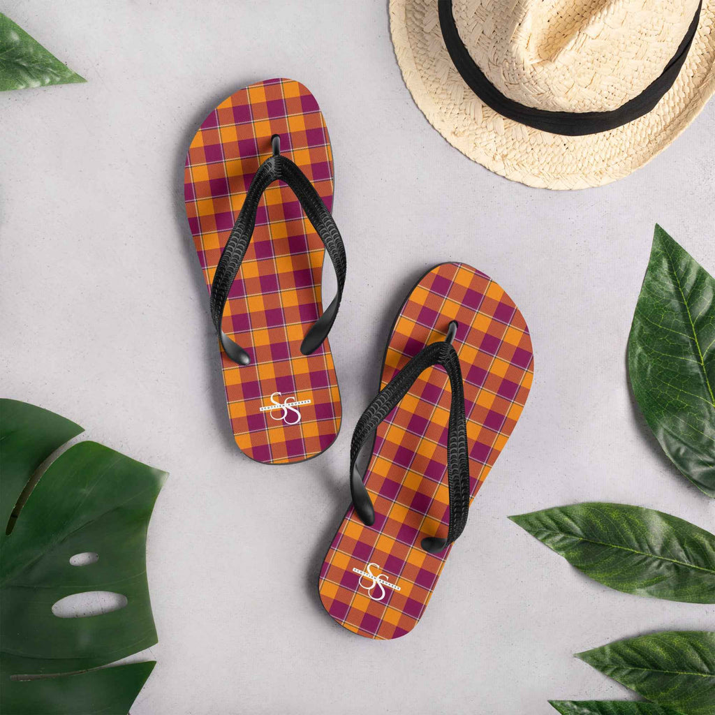 Tahiti Gold and Rose Bud Cherry Plaid Flip Flops - Scottish Squares