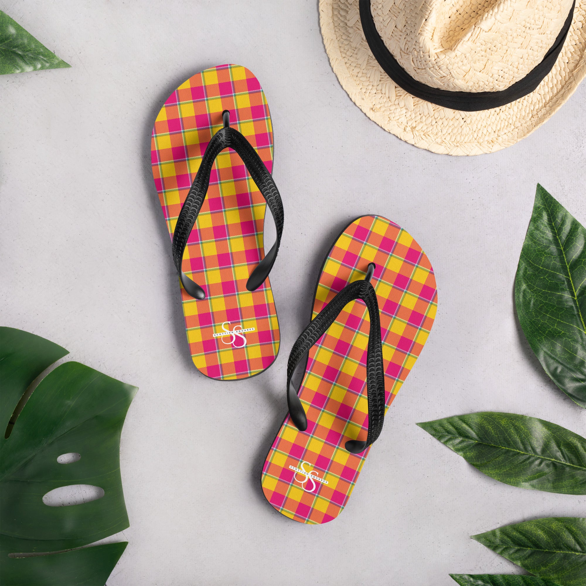 Corn and Razzmatazz Plaid Flip Flops - Scottish Squares