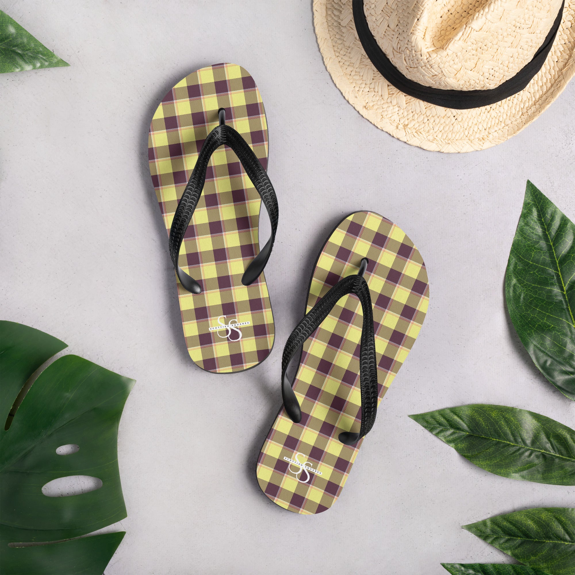 Flax and Livid Brown Plaid Flip Flops - Scottish Squares