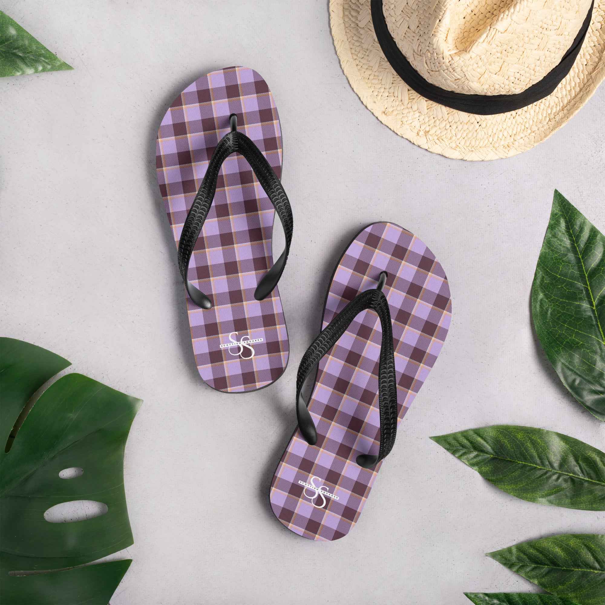 Light Wisteria and Livid Brown Plaid Flip Flops - Scottish Squares