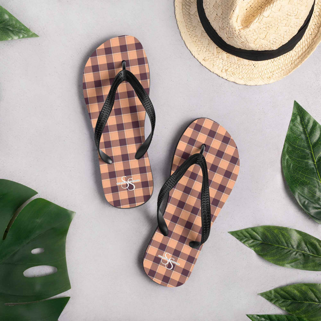 Hit Pink and Livid Brown Plaid Flip Flops - Scottish Squares