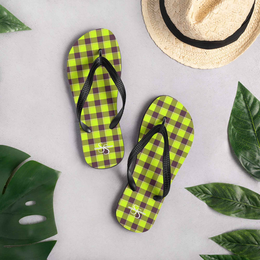 Electric Lime and Livid Brown Plaid Flip Flops - Scottish Squares