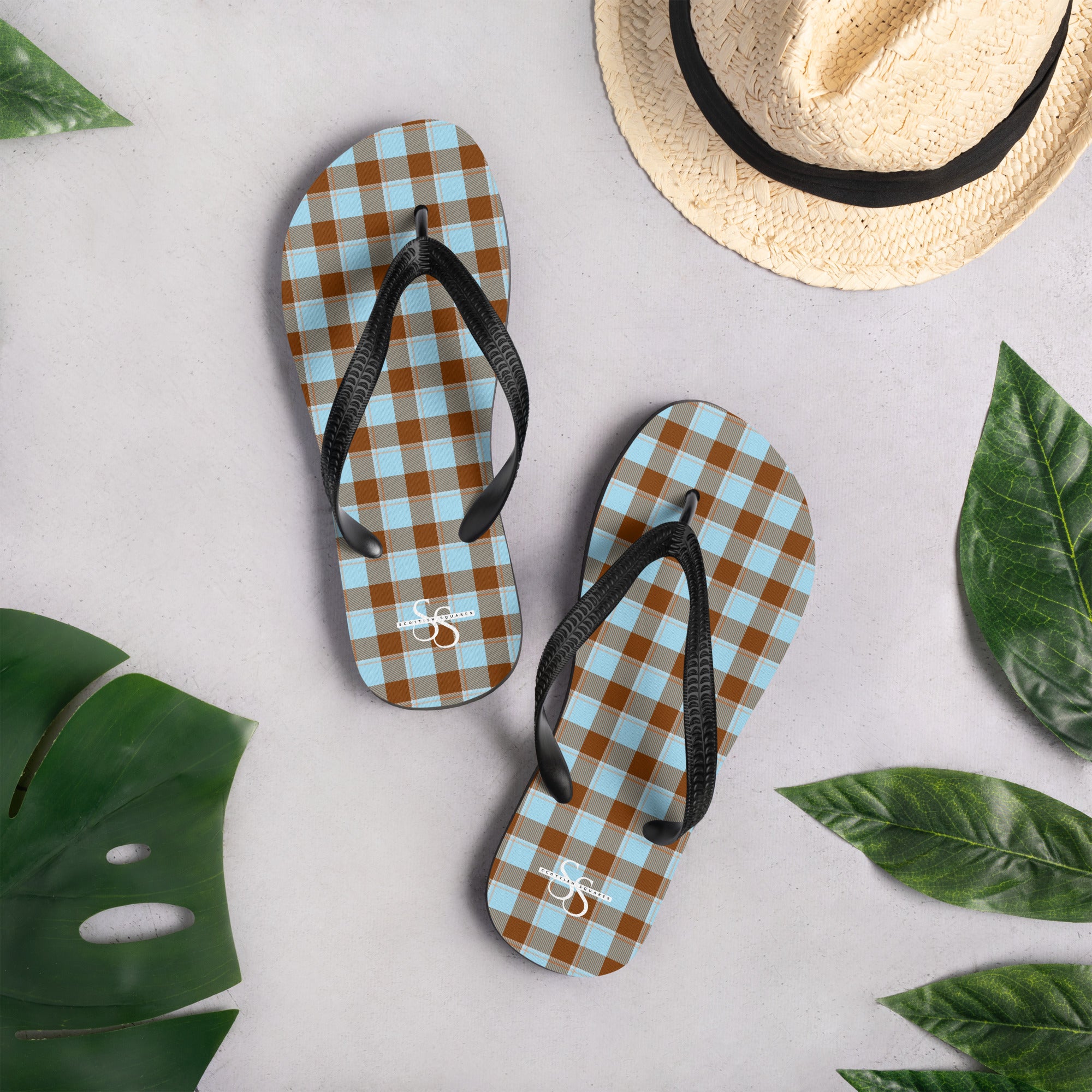 Blizzard Blue and Livid Brown Plaid Flip Flops - Scottish Squares