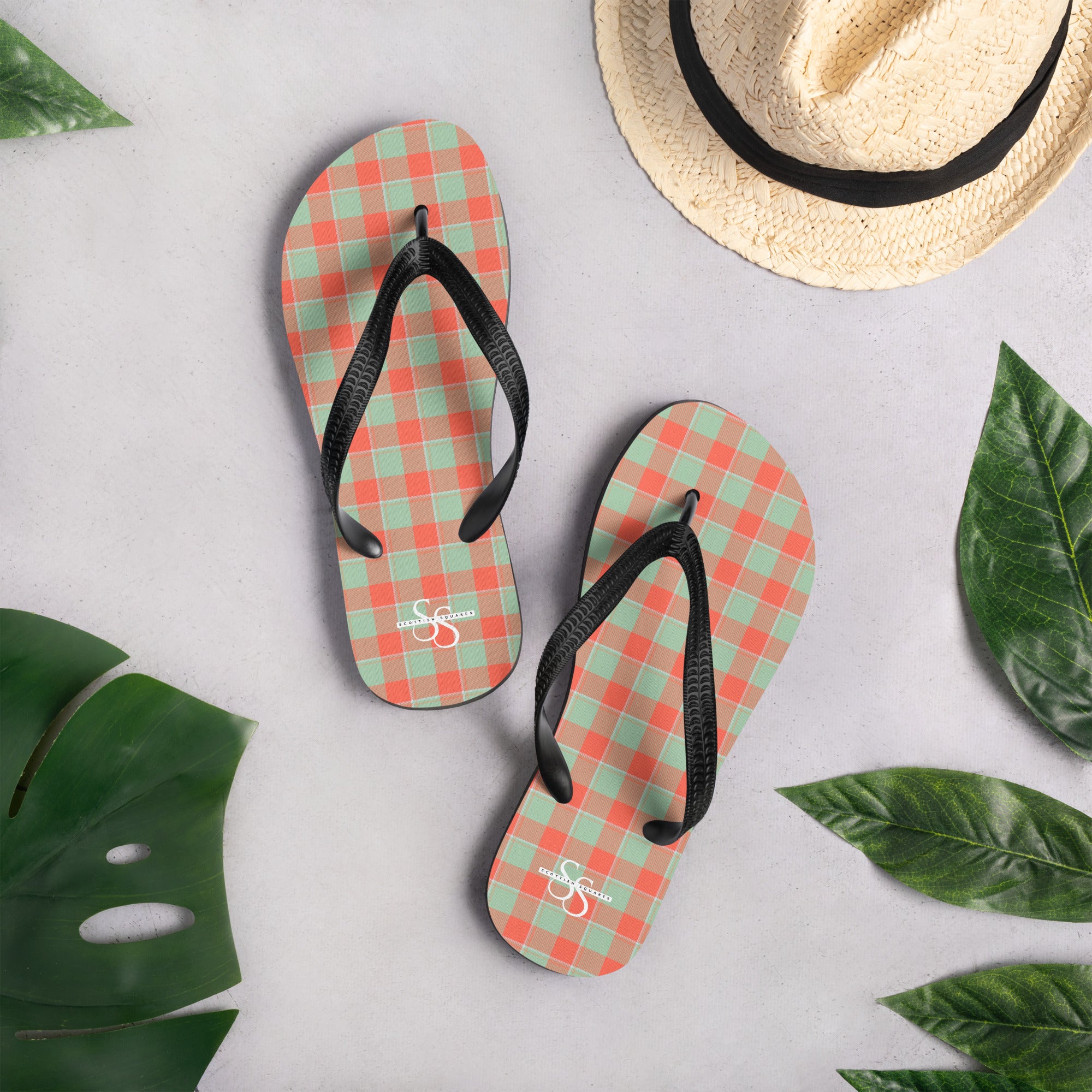 Spring Rain and Persimmon Plaid Flip Flops - Scottish Squares