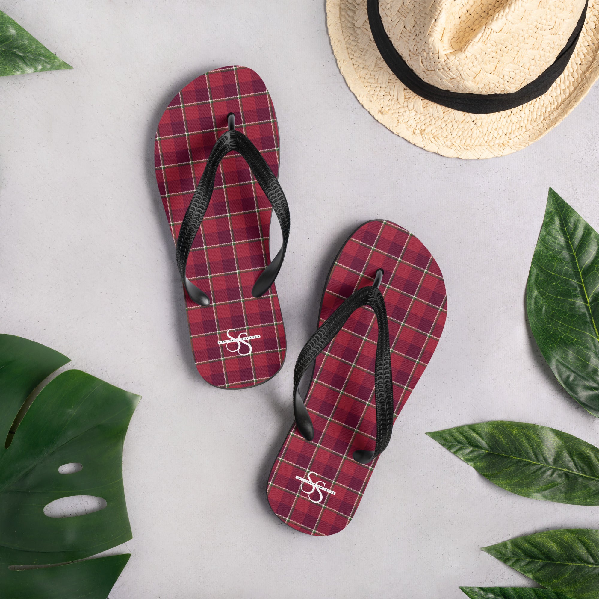 Old Brick and Cab Sav Plaid Flip Flops - Scottish Squares