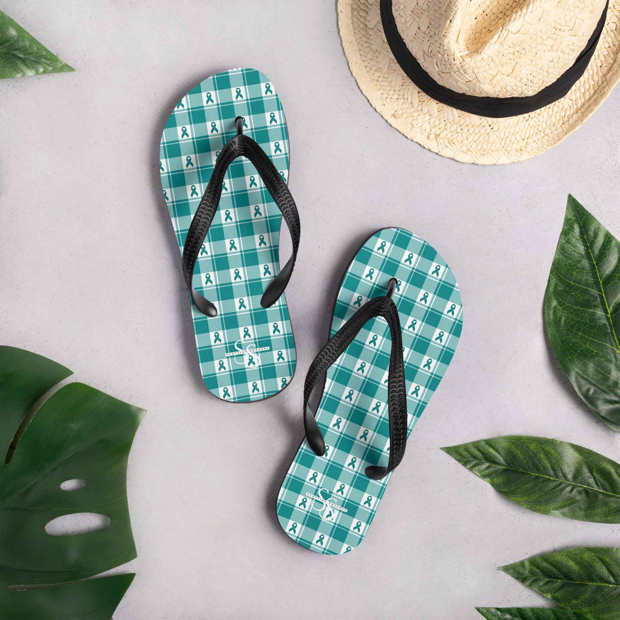 Flip Flops Cervical Cancer Awareness Plaid, Teal Ribbon, Supportive Gift - Scottish Squares