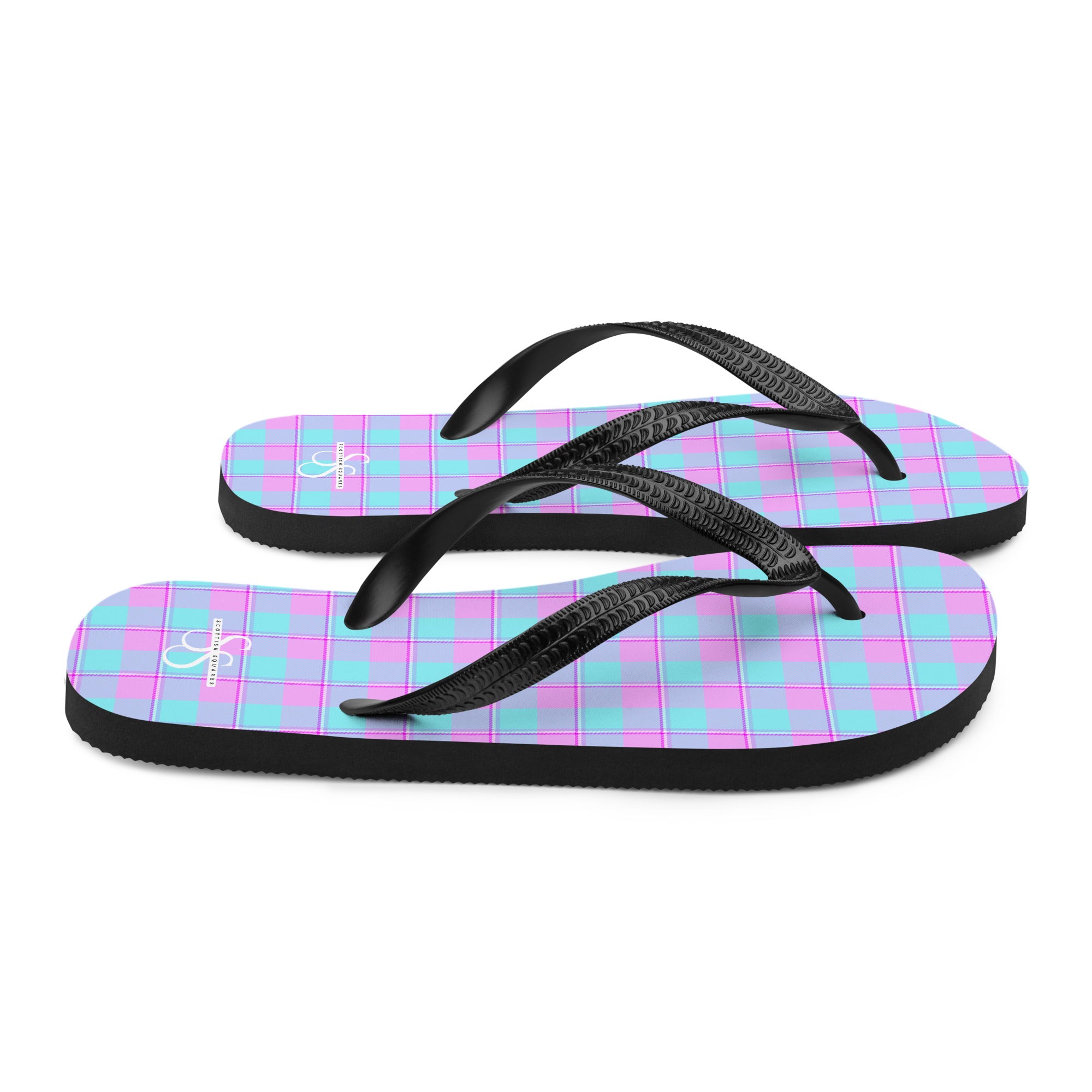 Mauve and Coastal Mist Plaid Flip Flops - Scottish Squares
