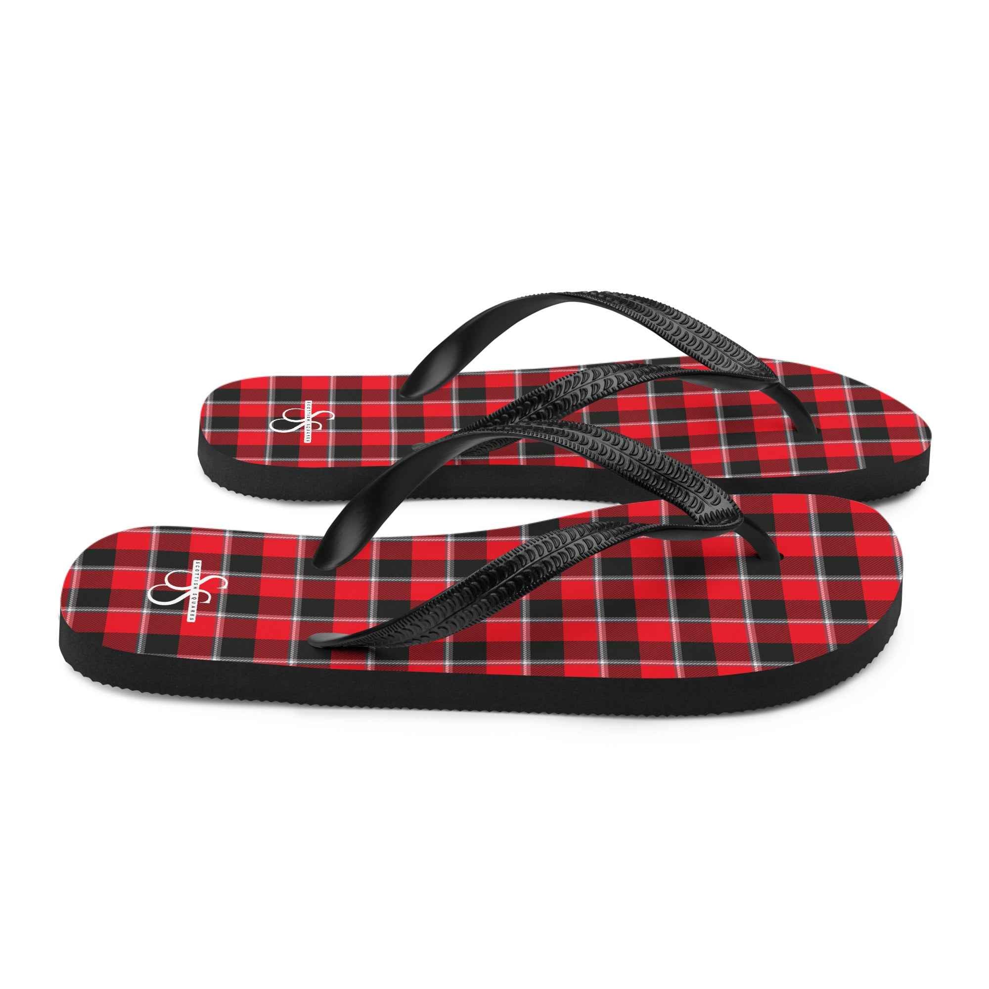 Red Ribbon and Heavy Metal Plaid Flip Flops - Scottish Squares