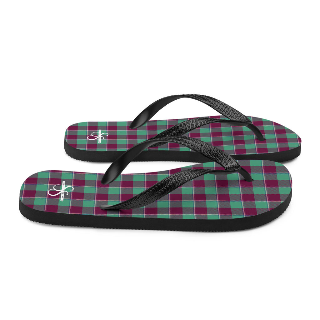 Ocean Green and Mulberry Wood Plaid Flip Flops - Scottish Squares